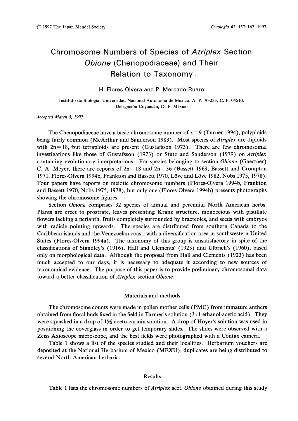 Chromosome Numbers of Species of Atriplex Section Obione (Chenopodiaceae) and Their Relation to Taxonomy H