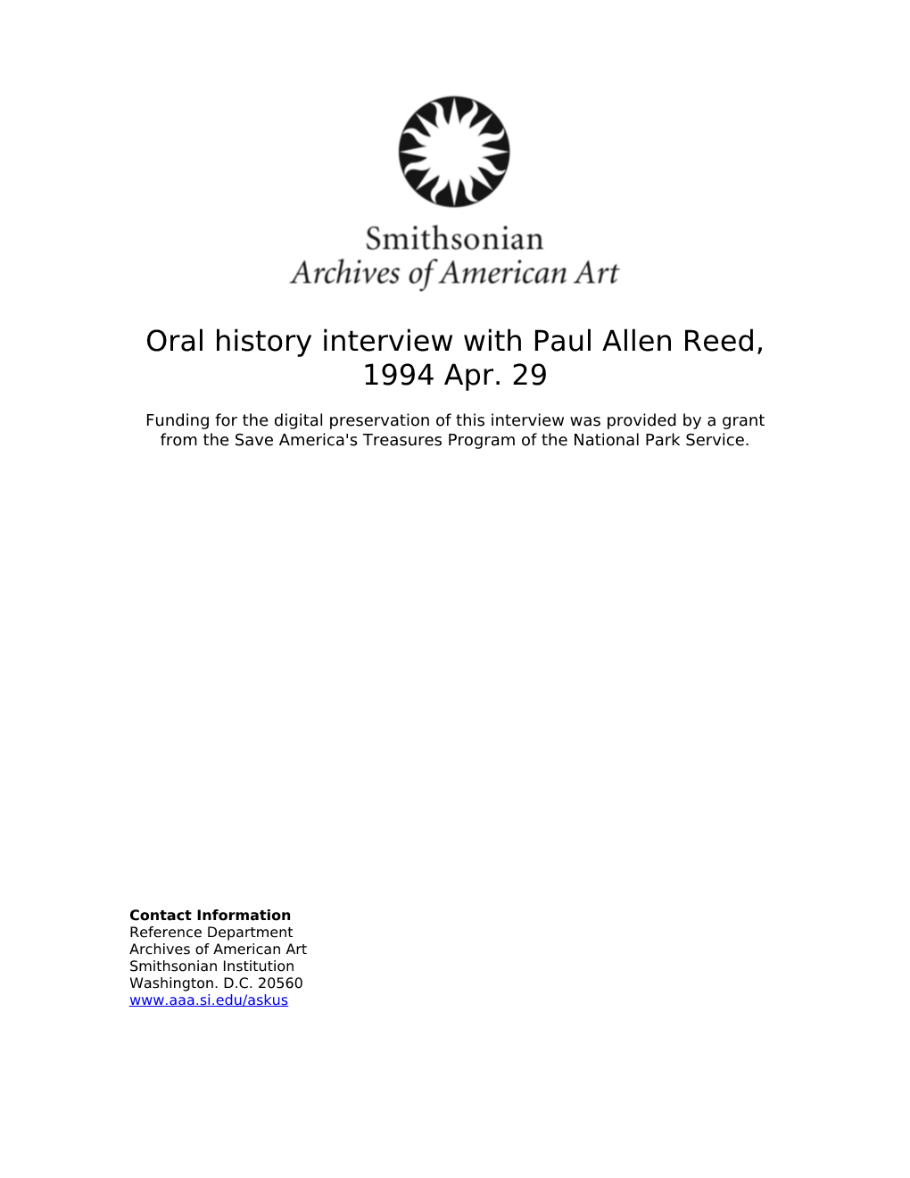 Oral History Interview with Paul Allen Reed, 1994 Apr. 29