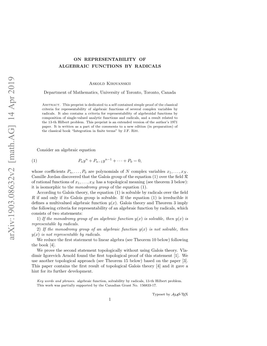 On Representability of Algebraic Functions by Radicals 3