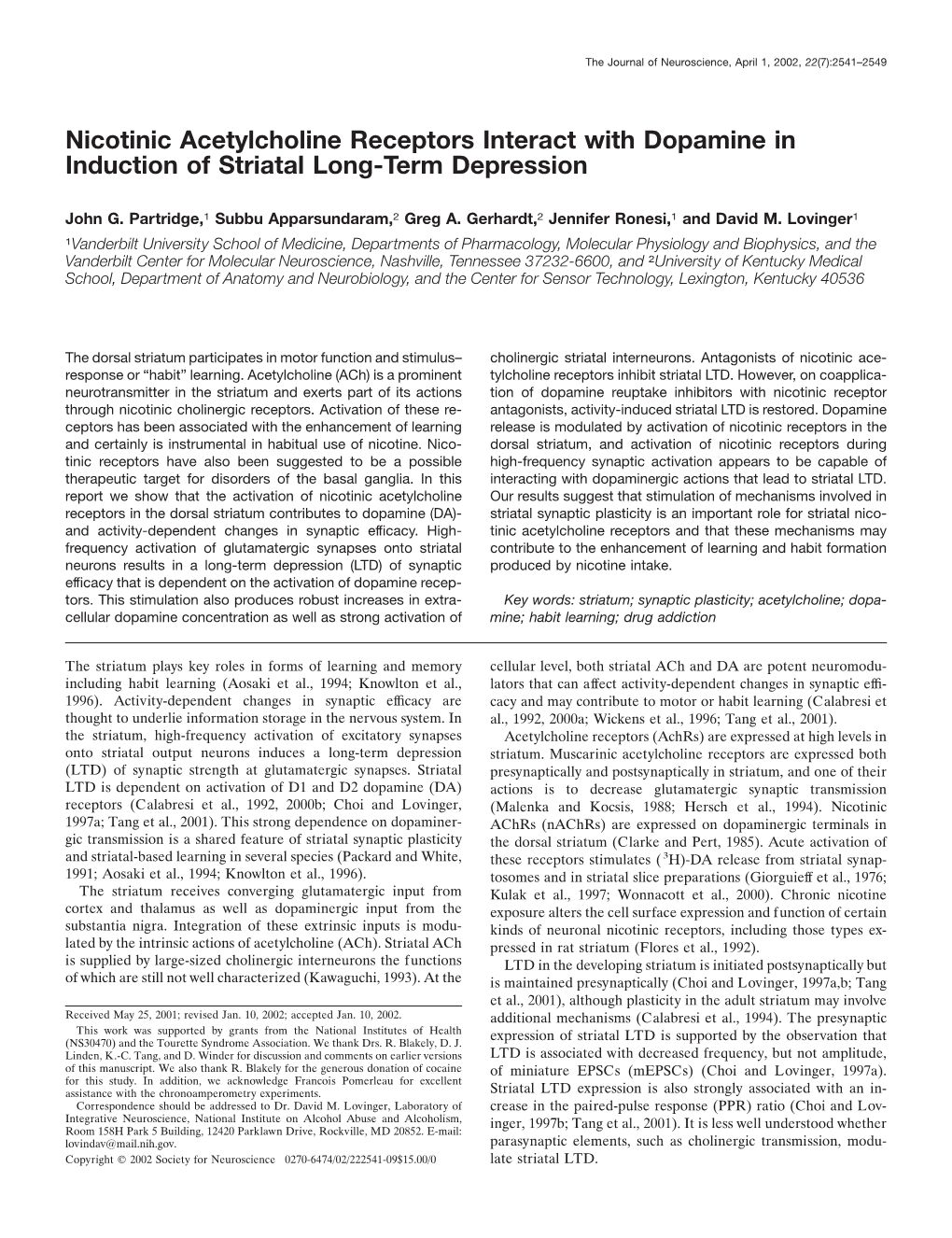 Nicotinic Acetylcholine Receptors Interact with Dopamine in Induction of Striatal Long-Term Depression