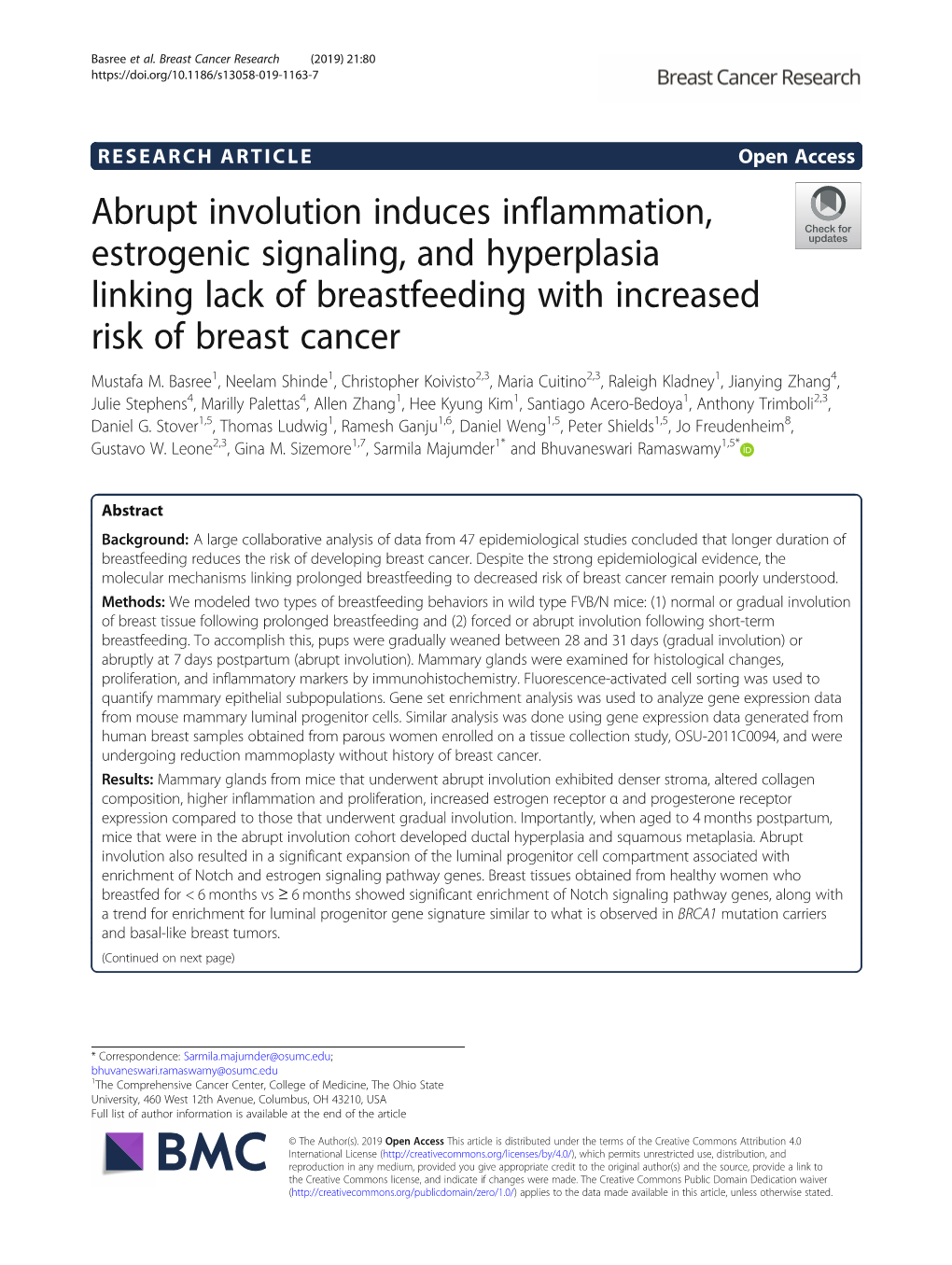 Abrupt Involution Induces Inflammation, Estrogenic Signaling, and Hyperplasia Linking Lack of Breastfeeding with Increased Risk of Breast Cancer Mustafa M