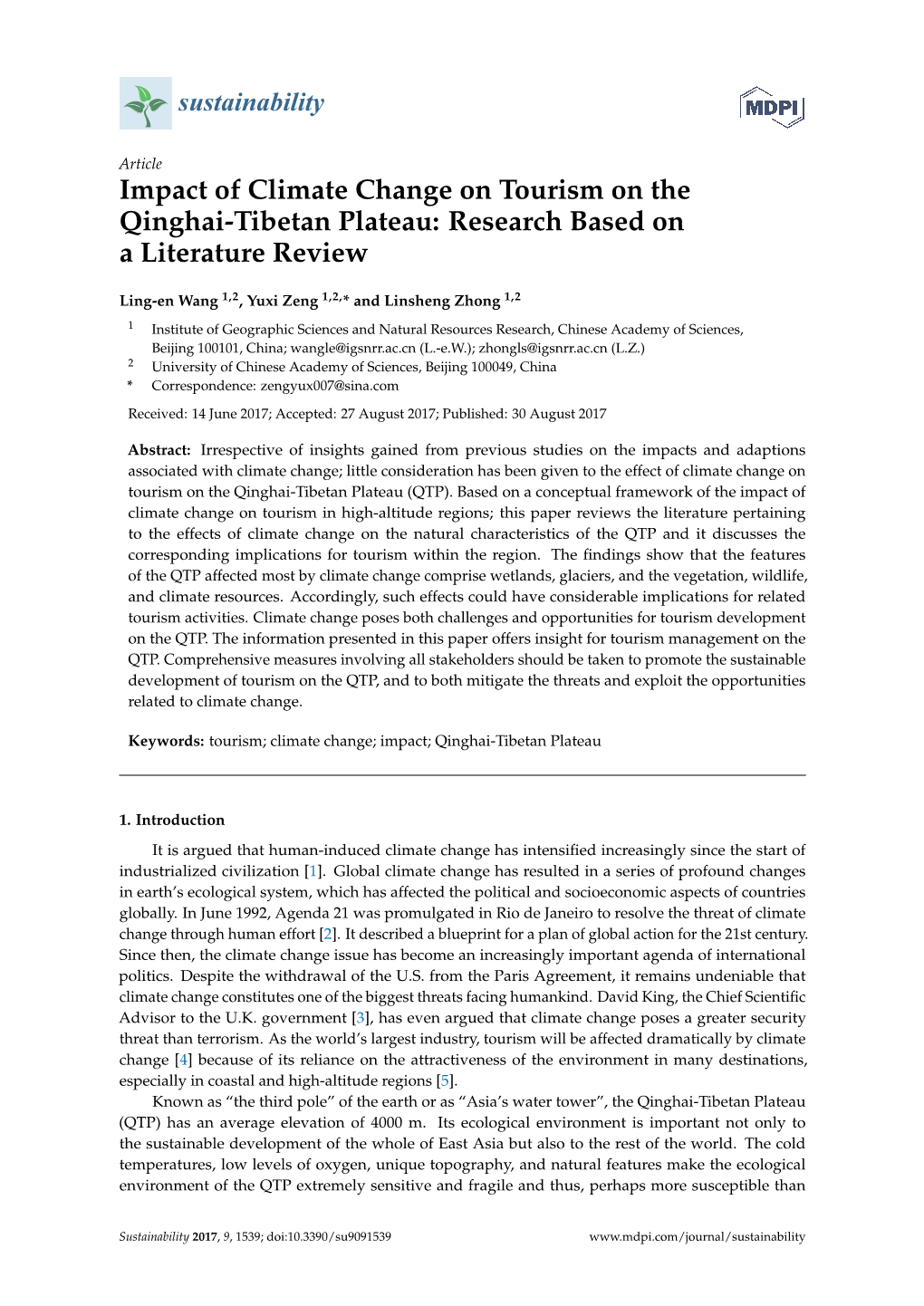 Impact of Climate Change on Tourism on the Qinghai-Tibetan Plateau: Research Based on a Literature Review