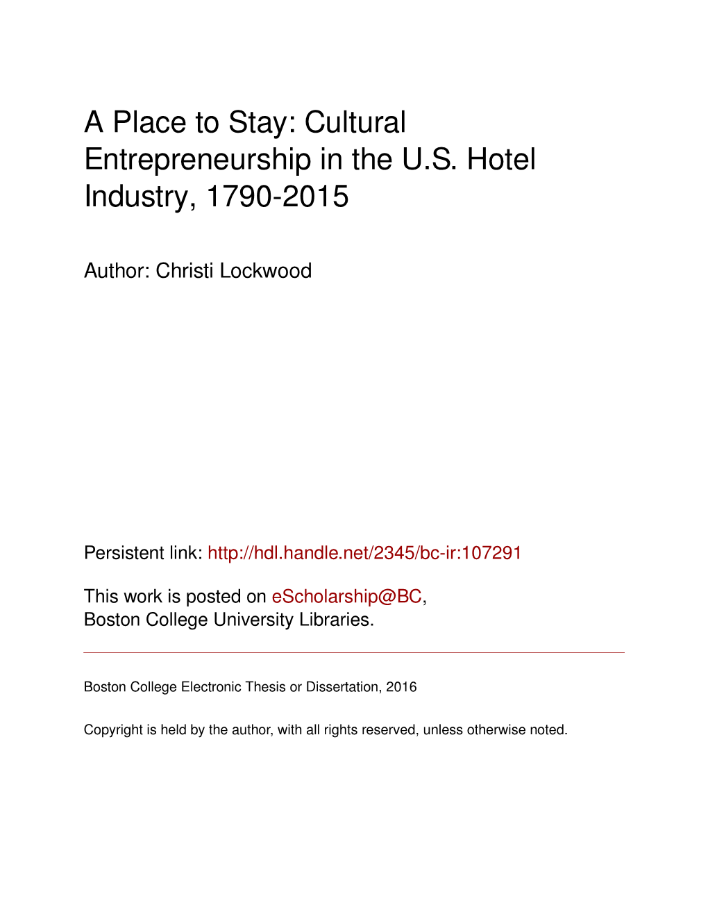 Cultural Entrepreneurship in the US Hotel Industry, 1790-2015
