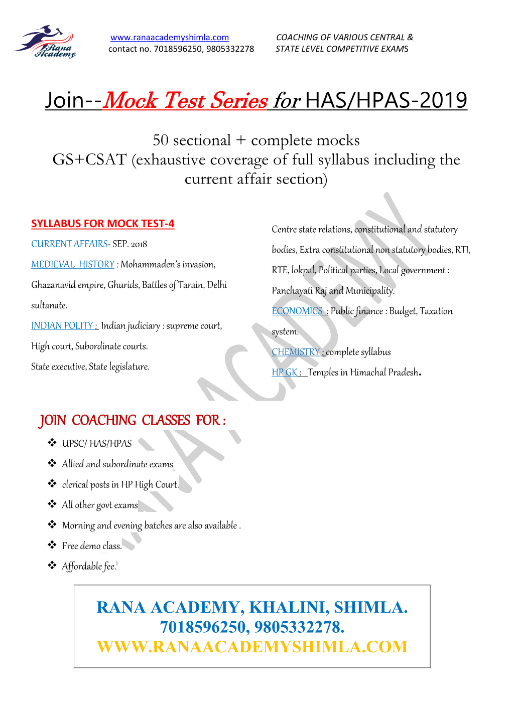 Mock Test Series for HAS/HPAS-2019