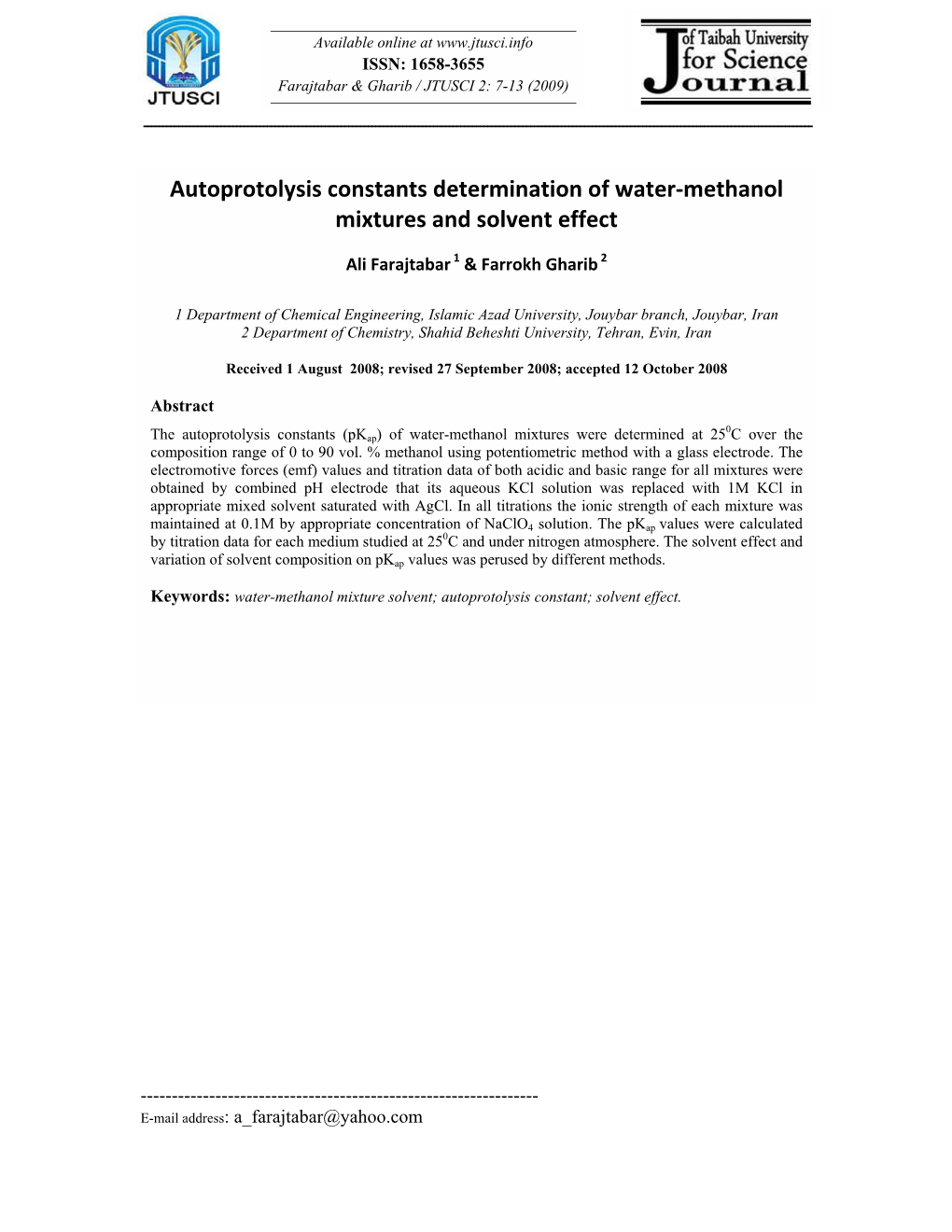 Autoprotolysis Constants Determination of Water-Methanol