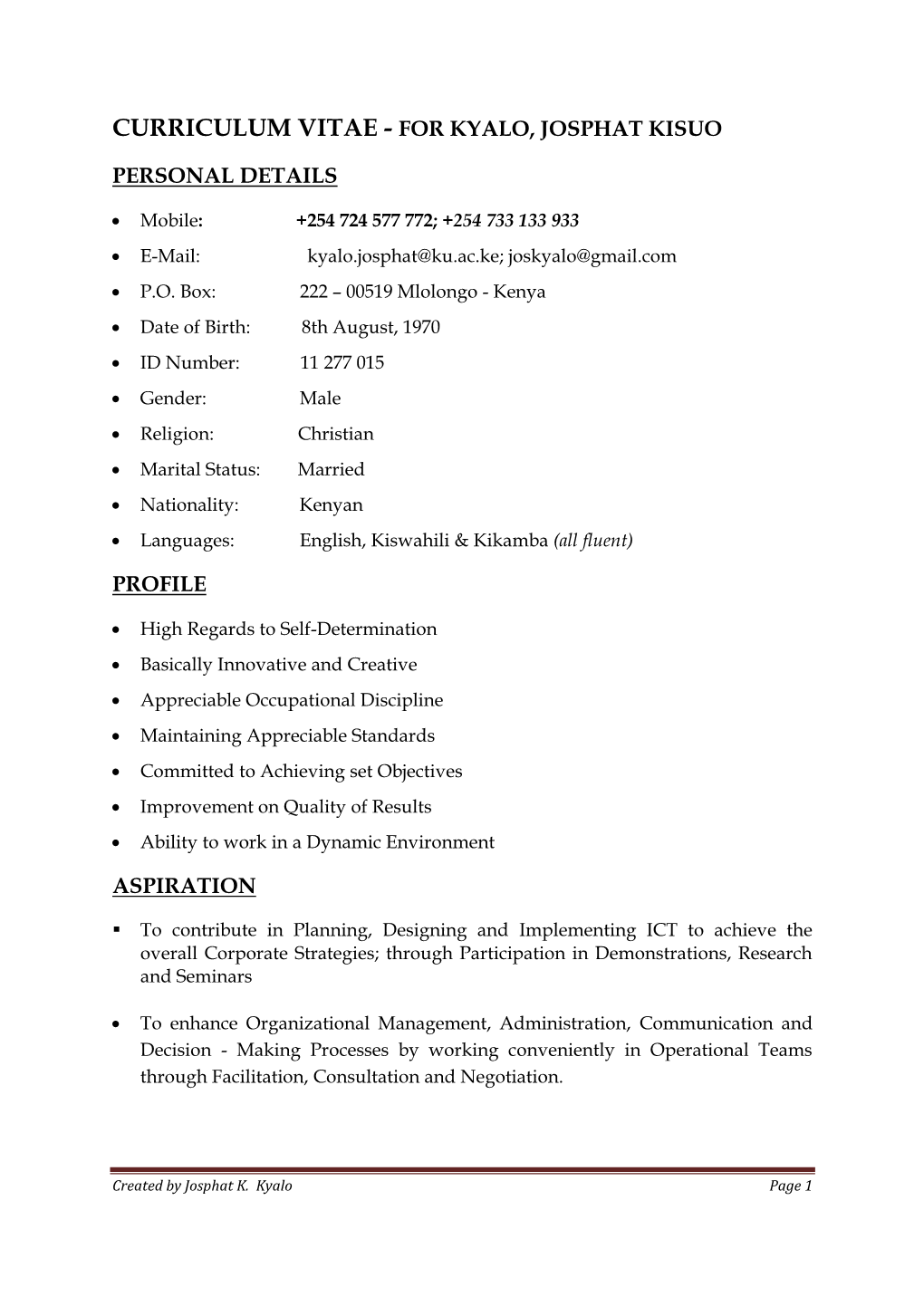 Curriculum Vitae - for Kyalo, Josphat Kisuo