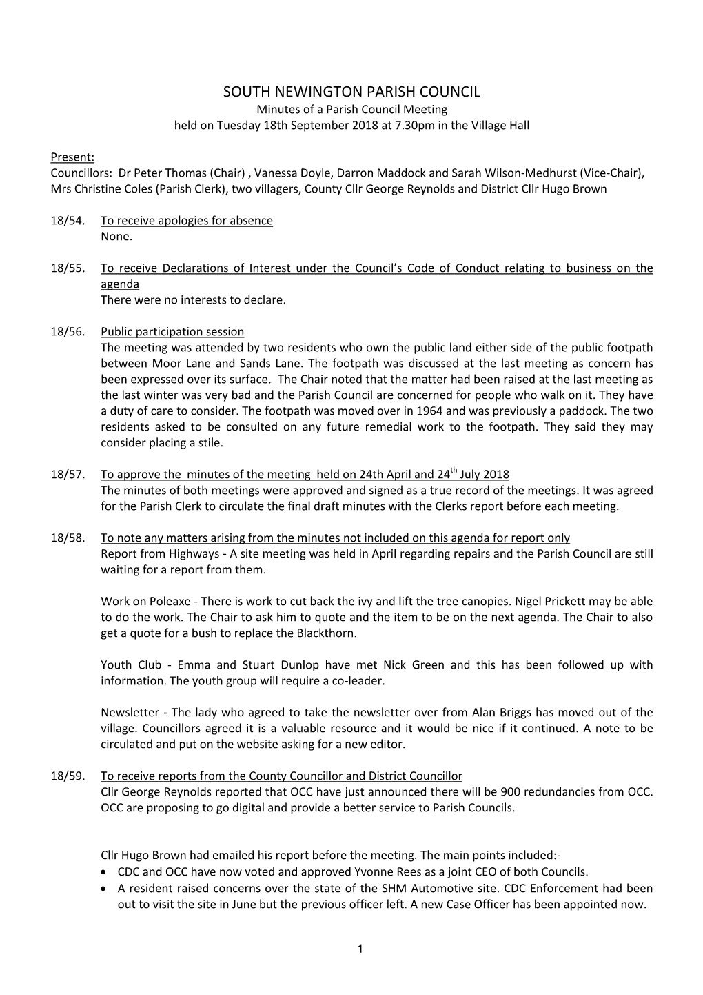 SOUTH NEWINGTON PARISH COUNCIL Minutes of a Parish Council Meeting Held on Tuesday 18Th September 2018 at 7.30Pm in the Village Hall