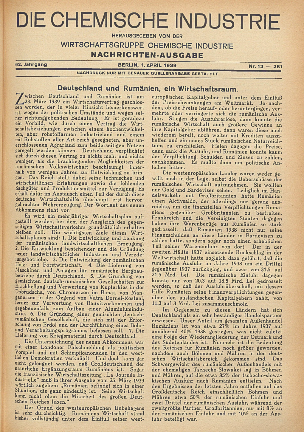 Die Chemische Industrie Herausgegeben Von Der Wirtschaftsgruppe Chemische Industrie Nachrichten-Ausgabe 62