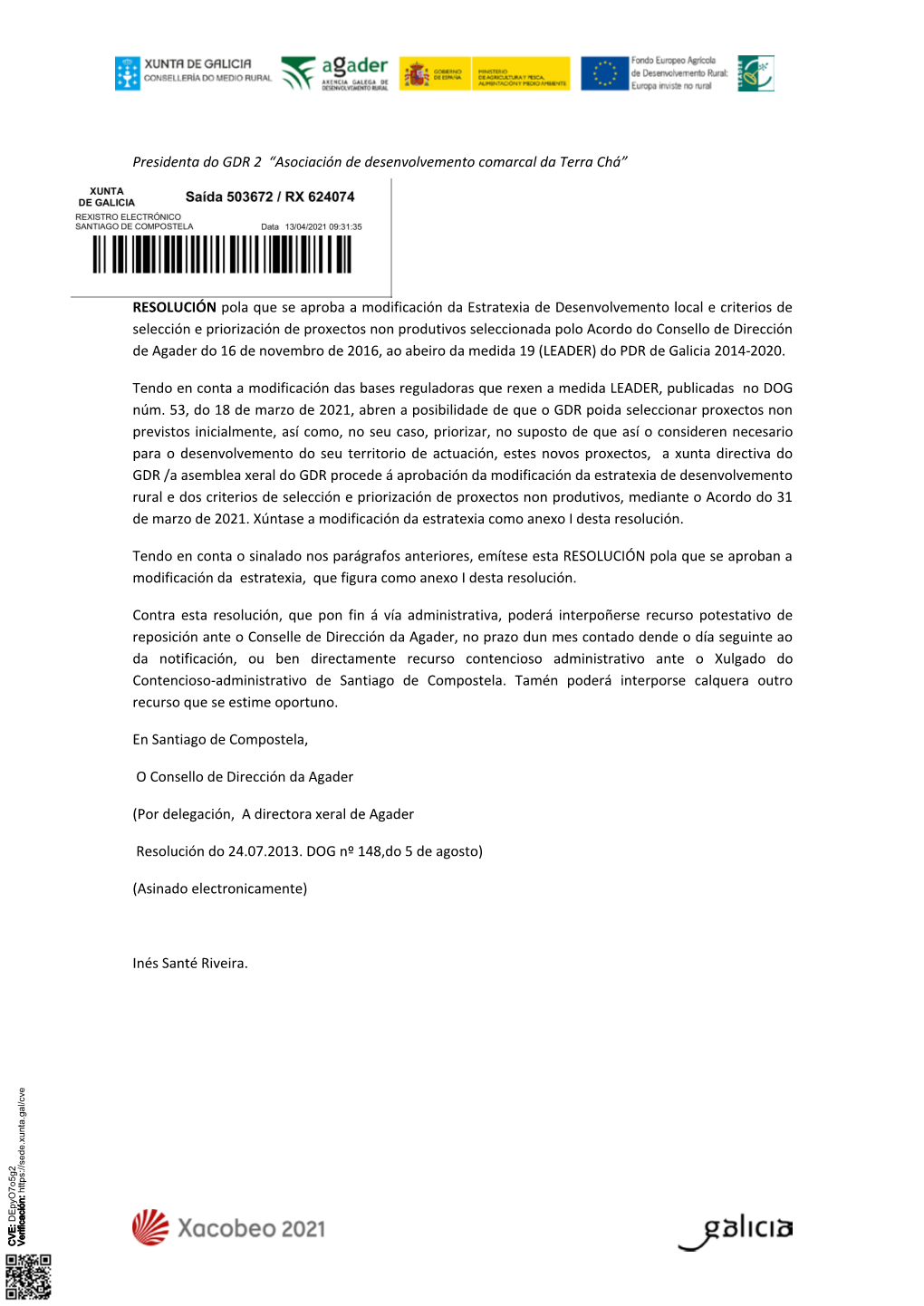 Presidenta Do GDR 2 “Asociación De Desenvolvemento Comarcal Da Terra Chá”