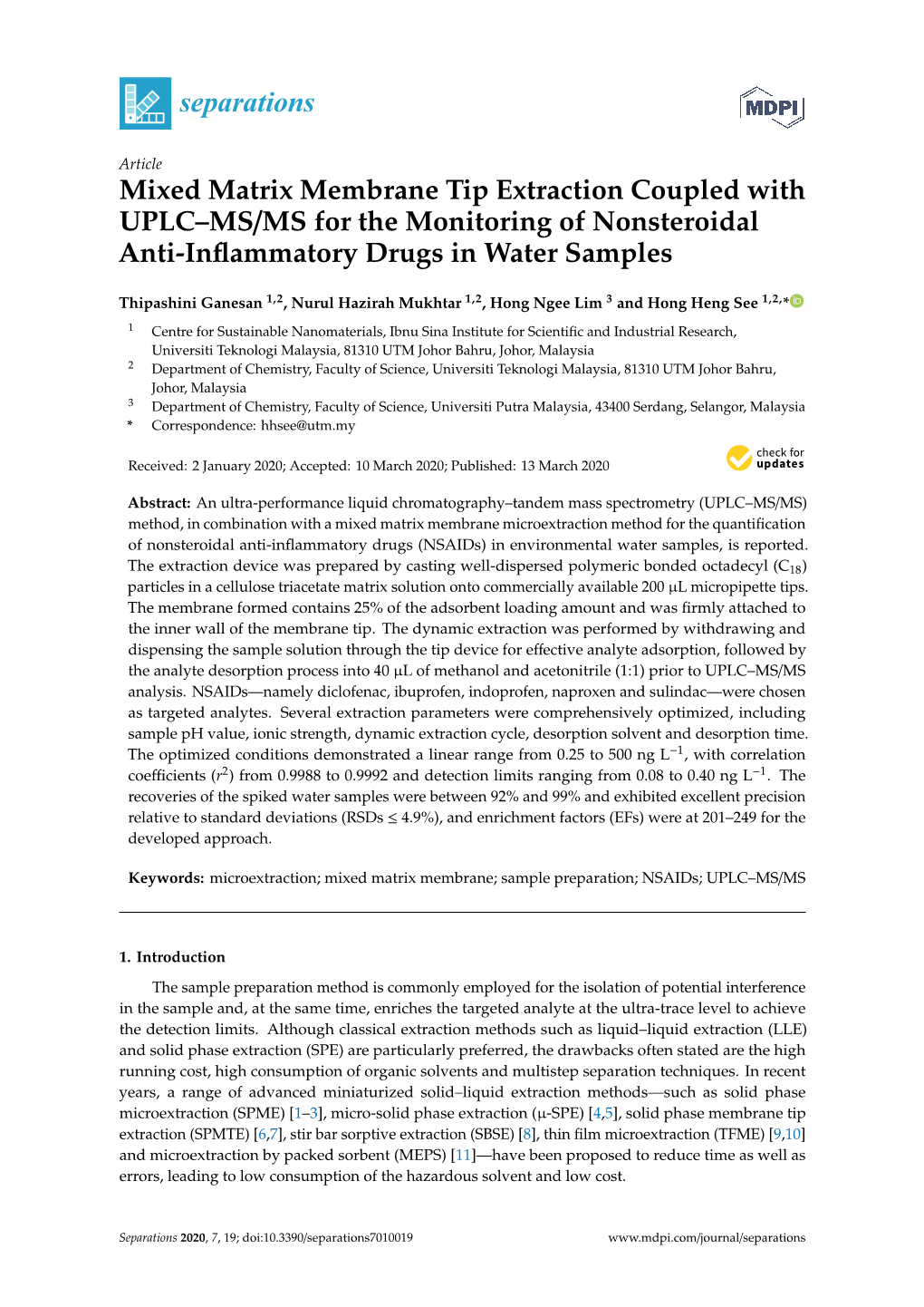 Mixed Matrix Membrane Tip Extraction Coupled with UPLC–MS/MS for the Monitoring of Nonsteroidal Anti-Inflammatory Drugs in Water Samples