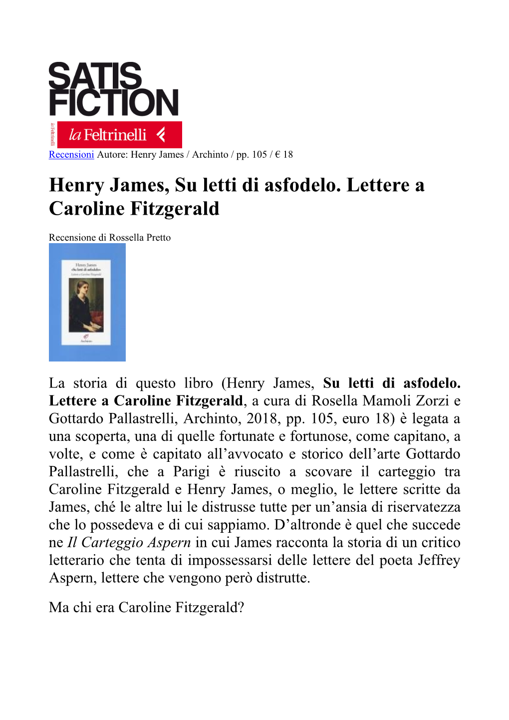 Henry James, Su Letti Di Asfodelo. Lettere a Caroline Fitzgerald