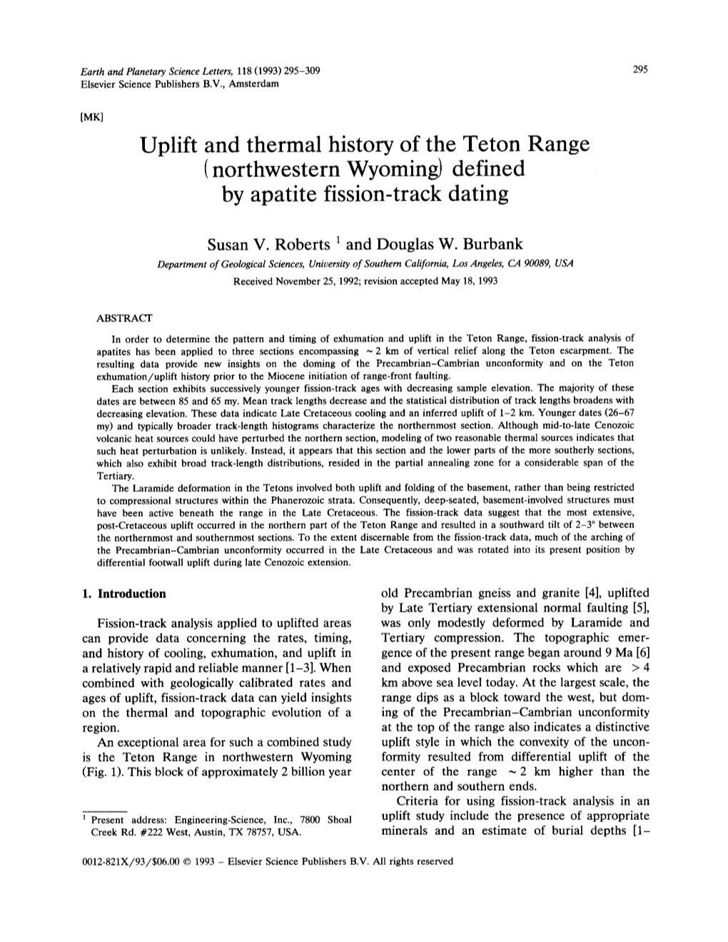 Uplift and Thermal History of the Teton Range (Northwestern Wyoming) Defined by Apatite Fission-Track Dating