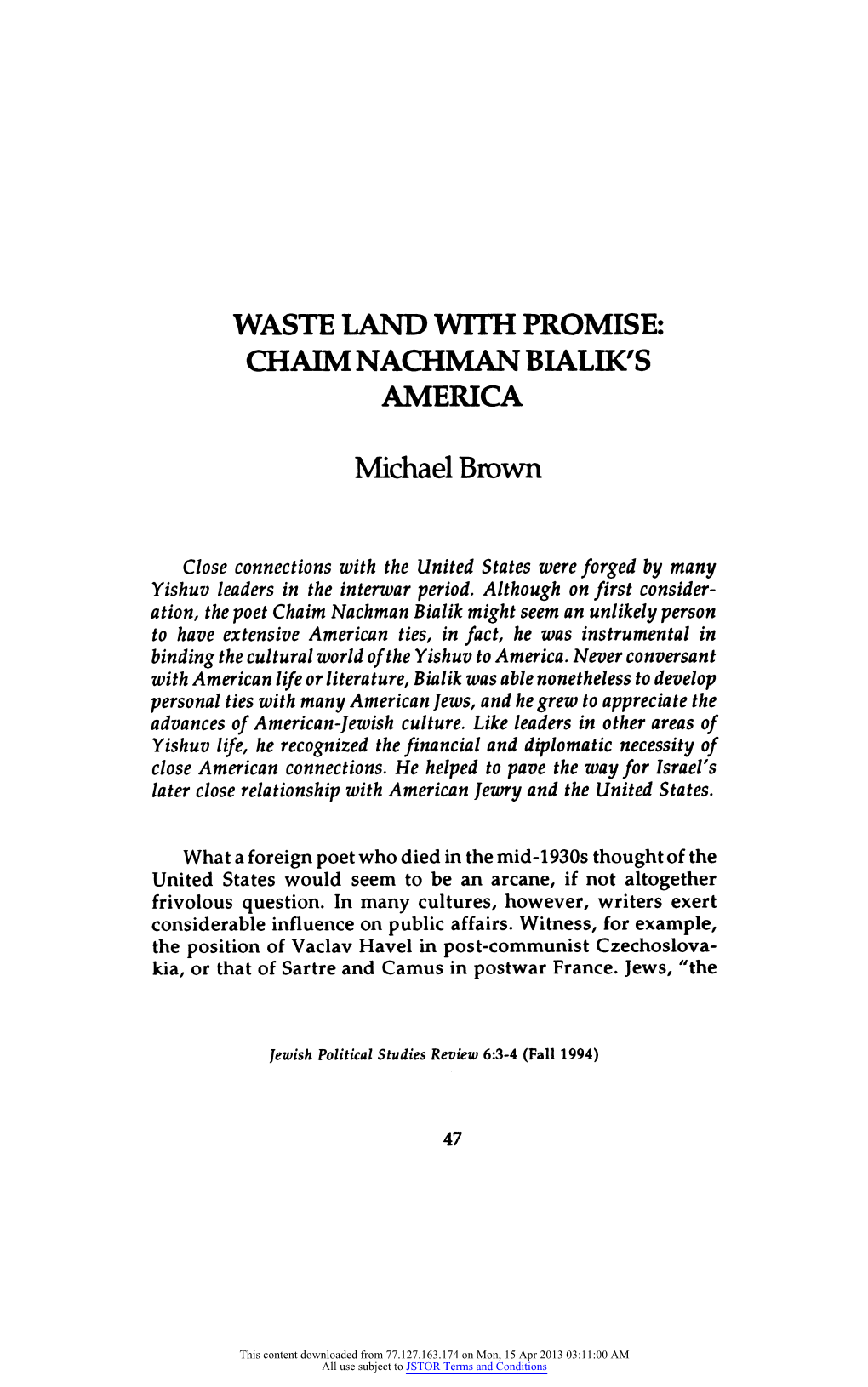 Waste Land with Promise: Ch Aim Nachman Bialik's America
