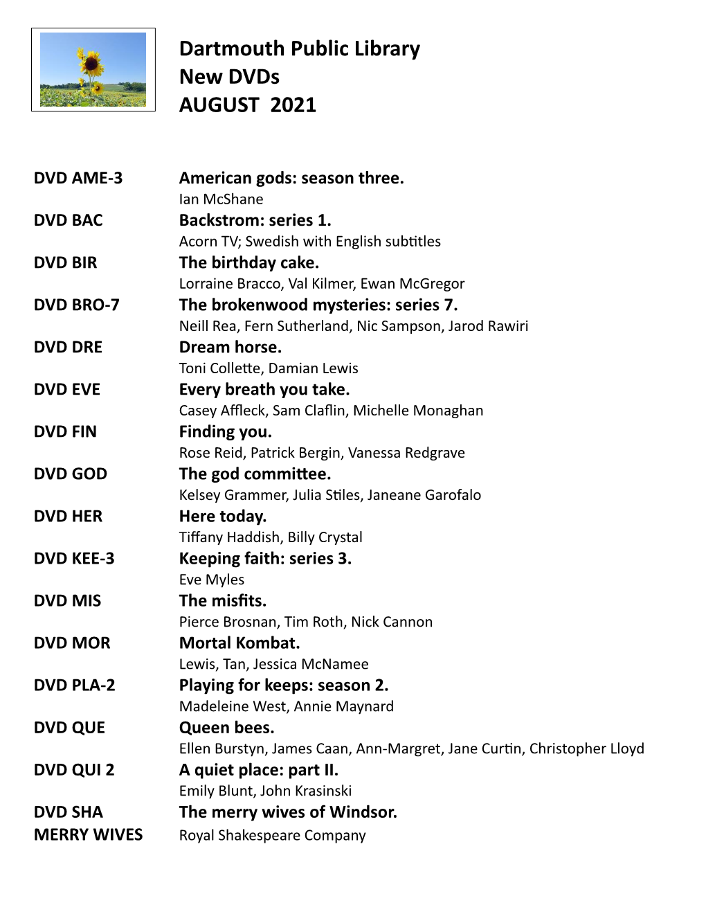 Dartmouth Public Library New Dvds AUGUST 2021