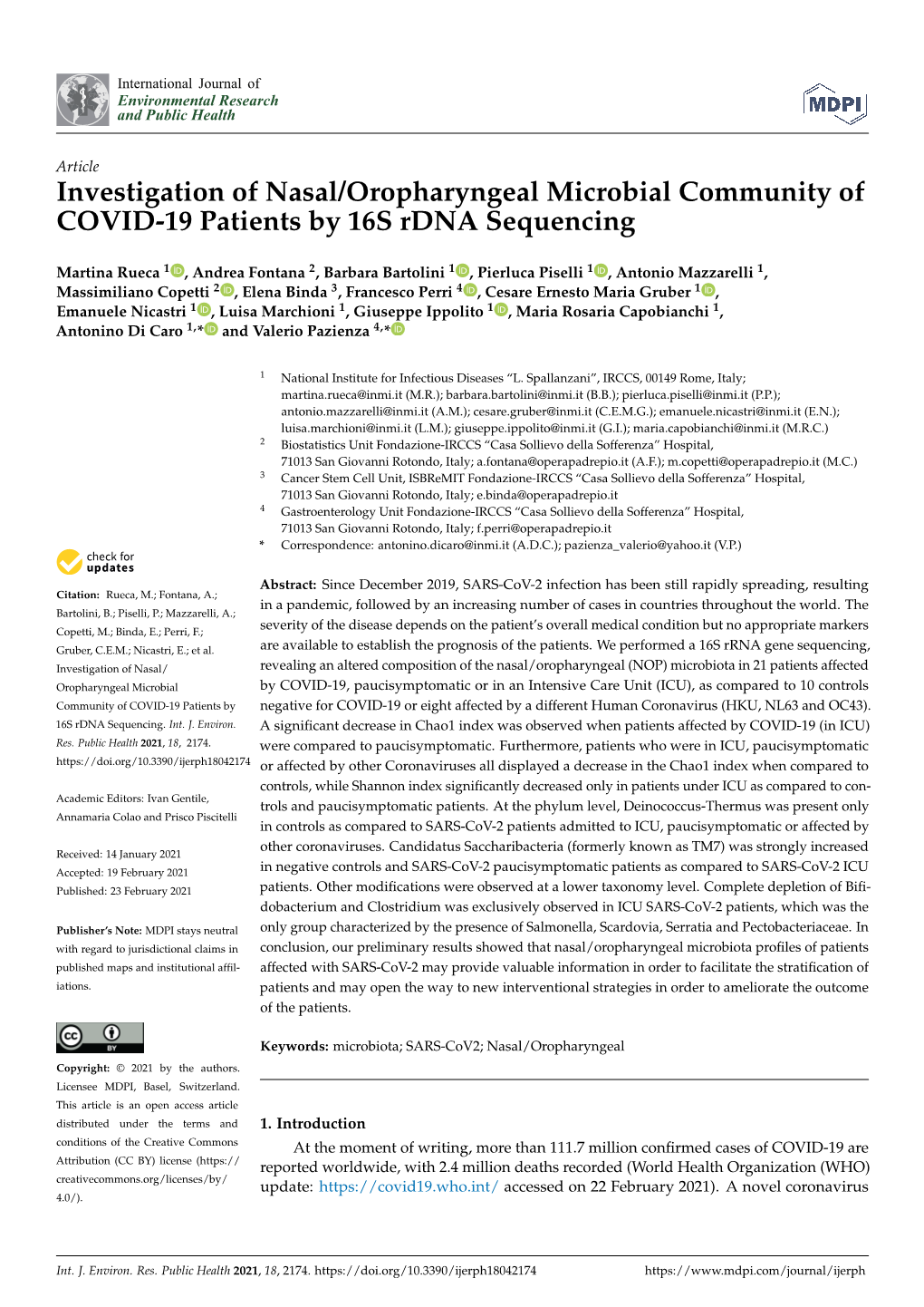 Investigation of Nasal/Oropharyngeal Microbial Community of COVID-19 Patients by 16S Rdna Sequencing