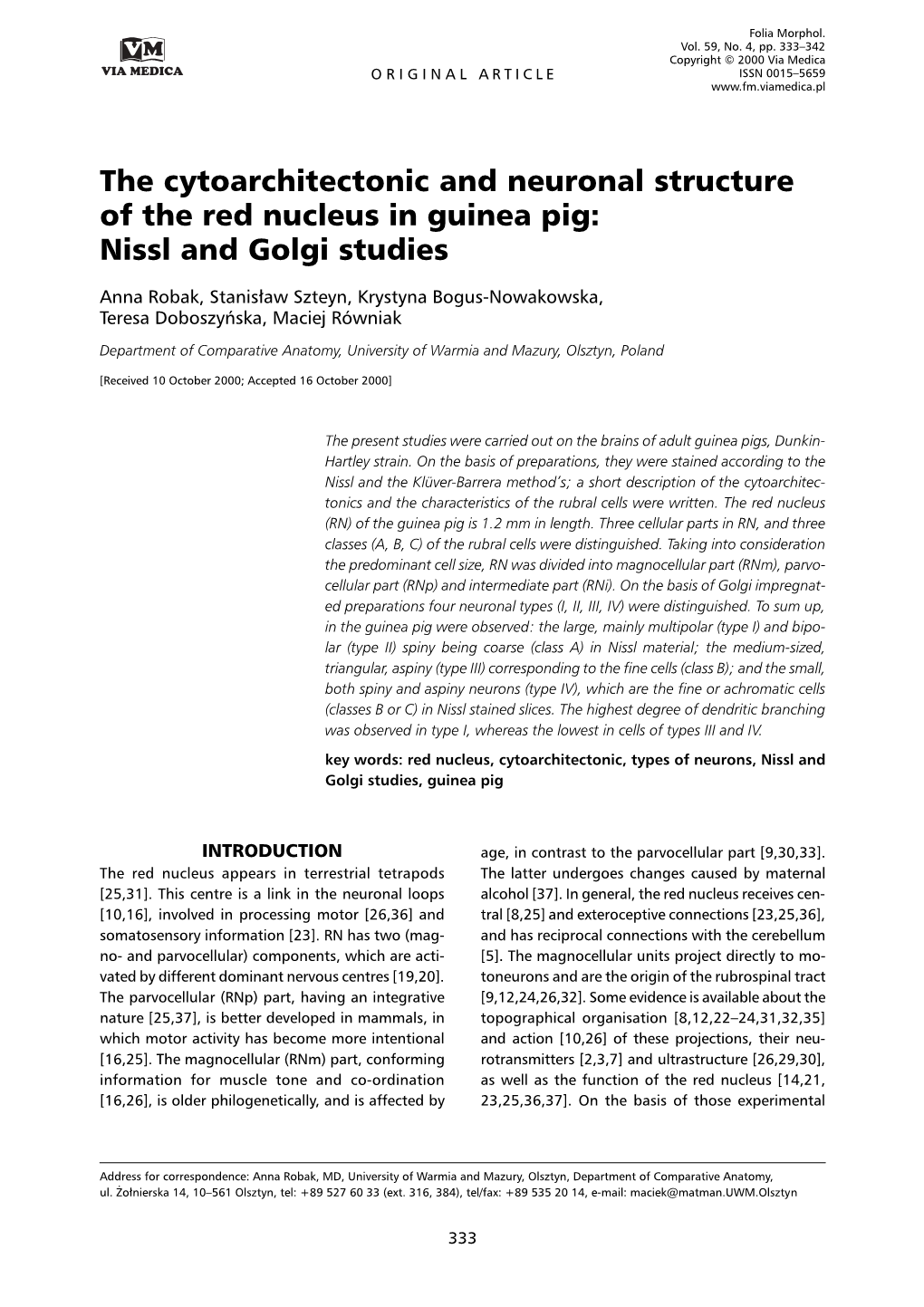 The Cytoarchitectonic and Neuronal Structure of the Red Nucleus in Guinea Pig: Nissl and Golgi Studies