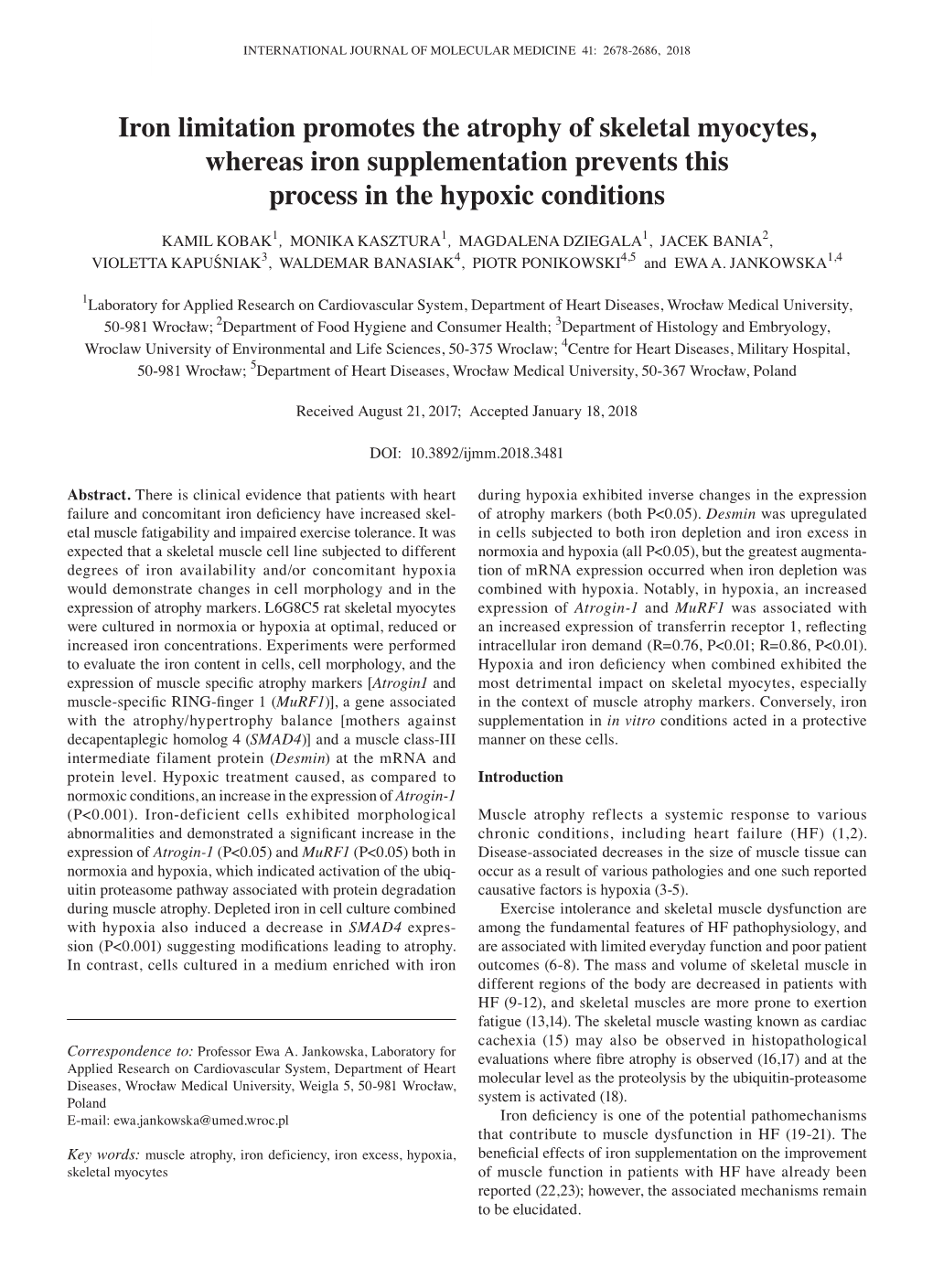 Iron Limitation Promotes the Atrophy of Skeletal Myocytes, Whereas Iron Supplementation Prevents This Process in the Hypoxic Conditions