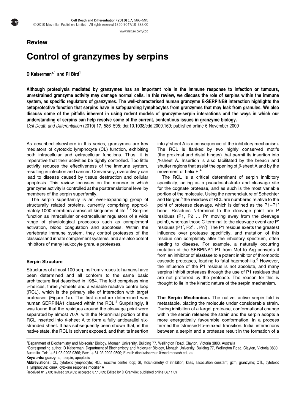 Control of Granzymes by Serpins