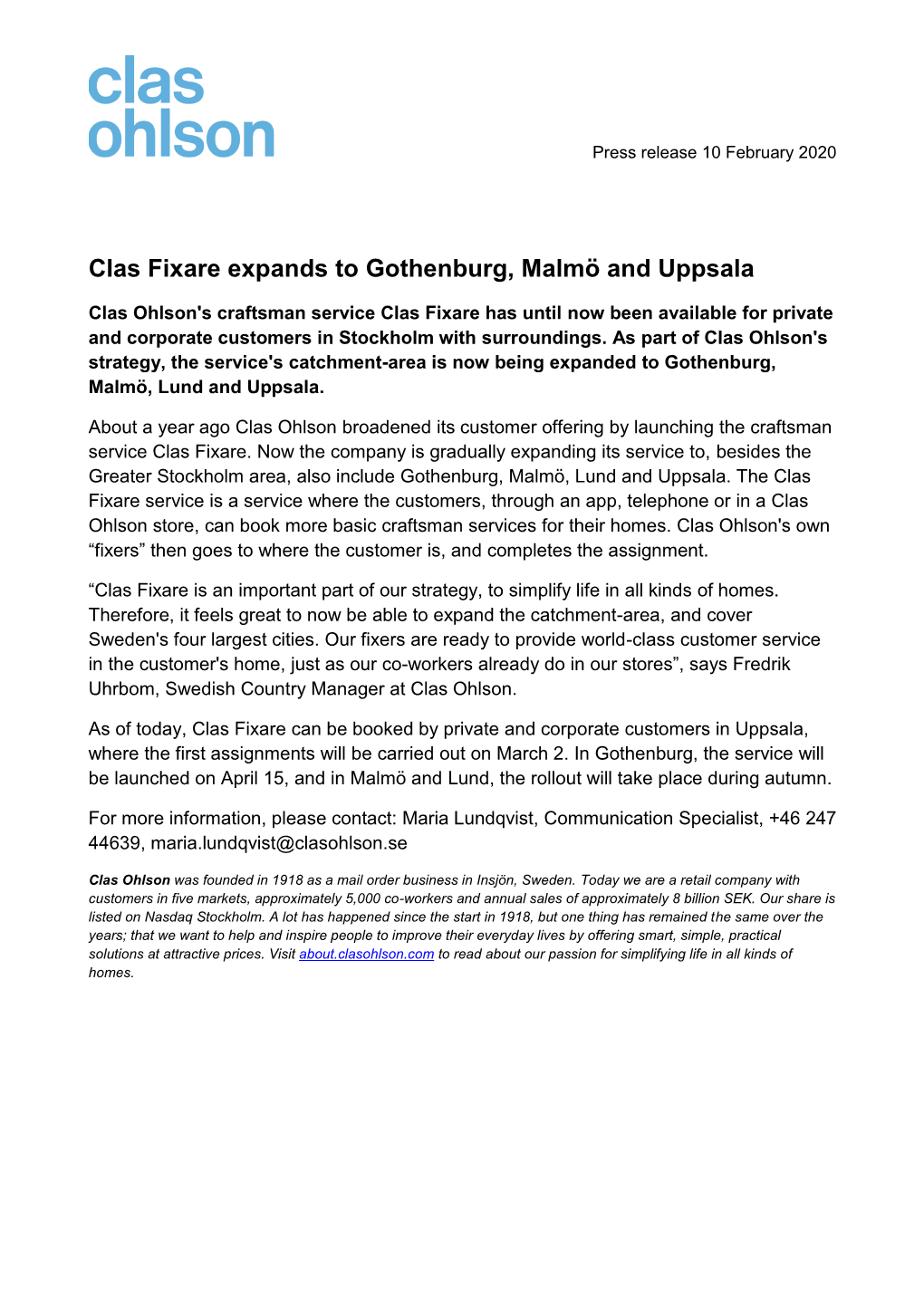 Clas Fixare Expands to Gothenburg, Malmö and Uppsala