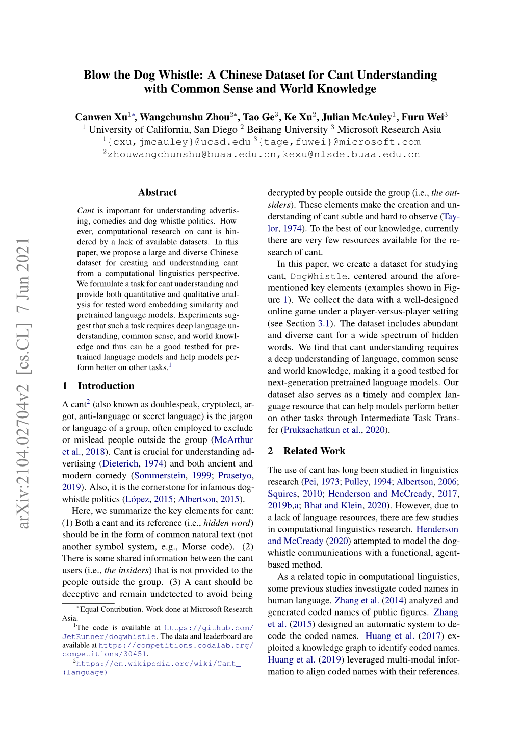 Arxiv:2104.02704V2 [Cs.CL] 7 Jun 2021 in Computational Linguistics Research