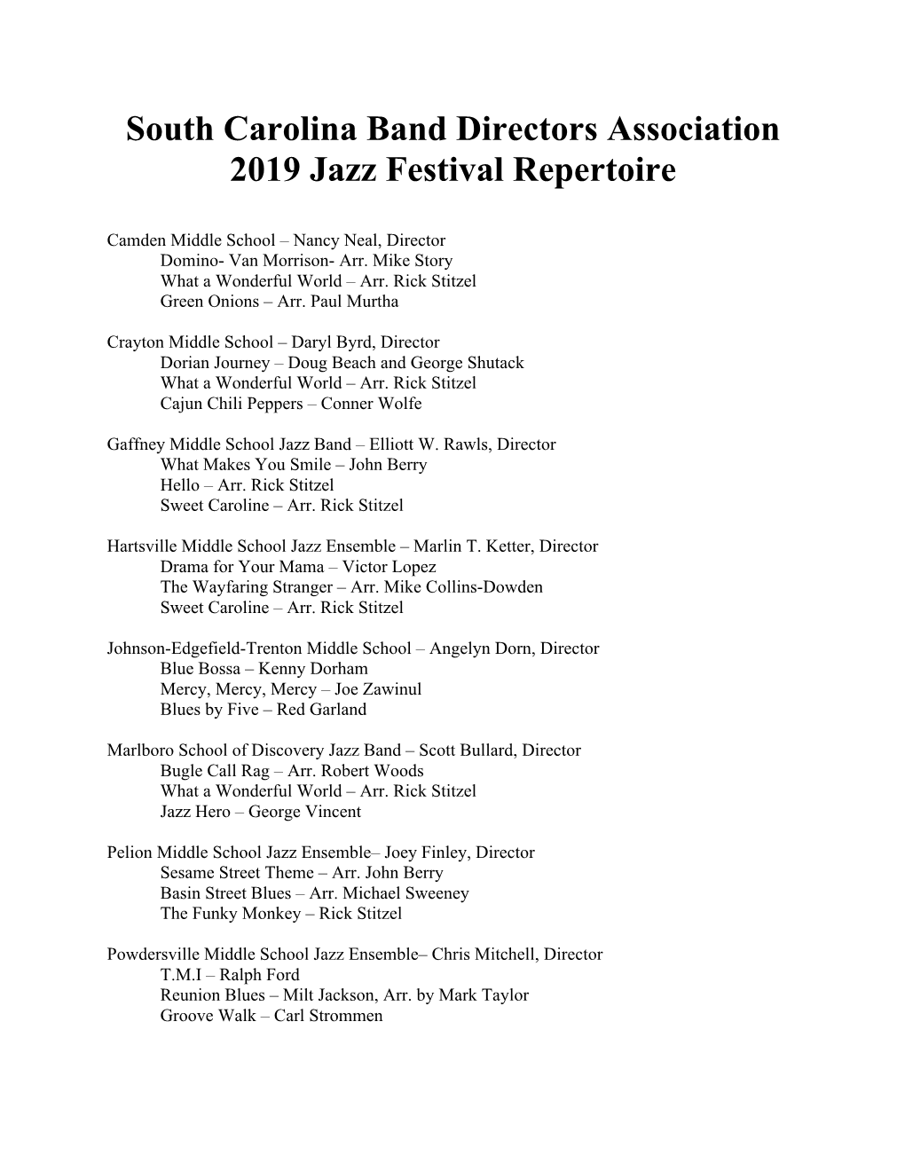 South Carolina Band Directors Association 2019 Jazz Festival Repertoire