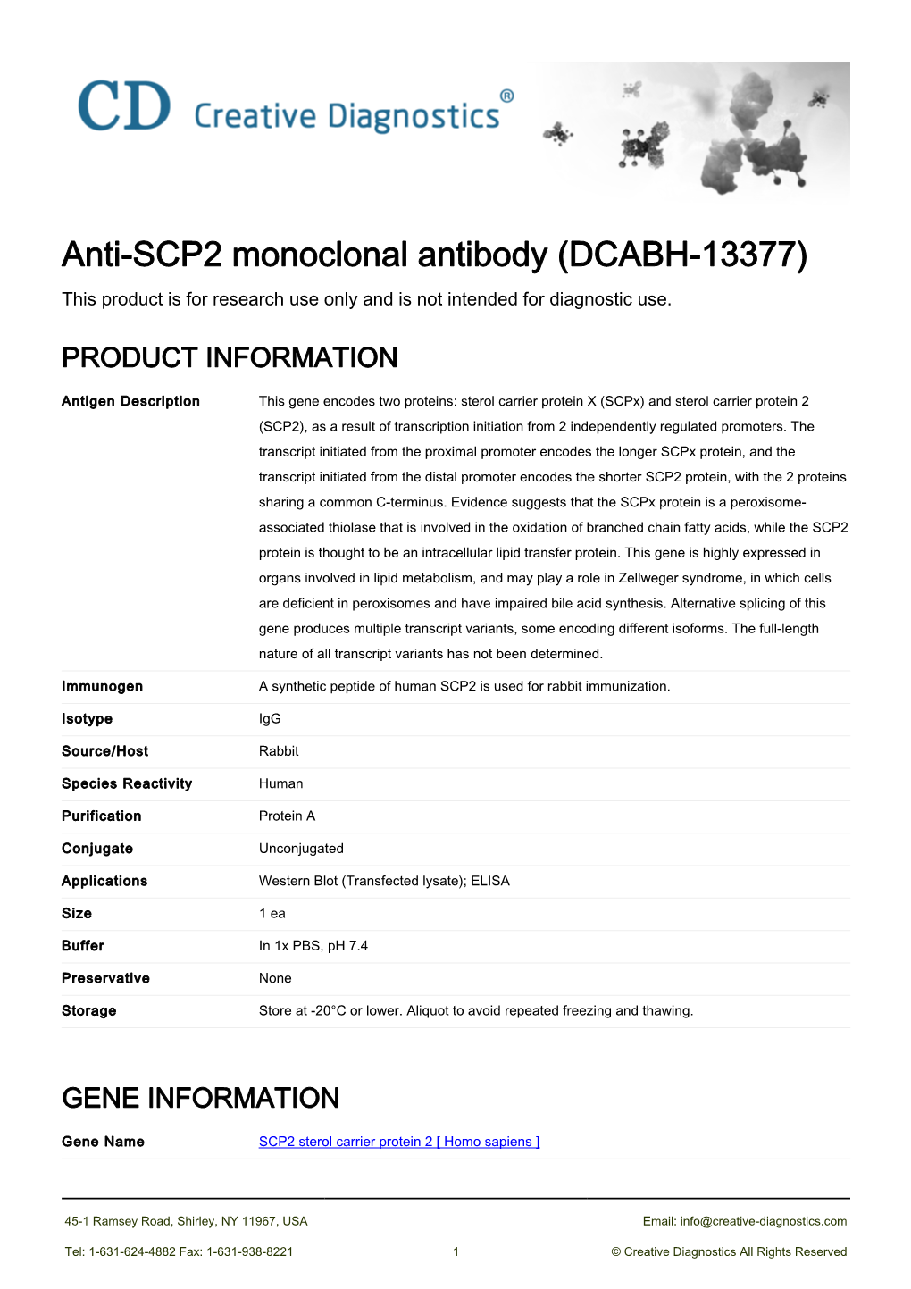 Anti-SCP2 Monoclonal Antibody (DCABH-13377) This Product Is for Research Use Only and Is Not Intended for Diagnostic Use