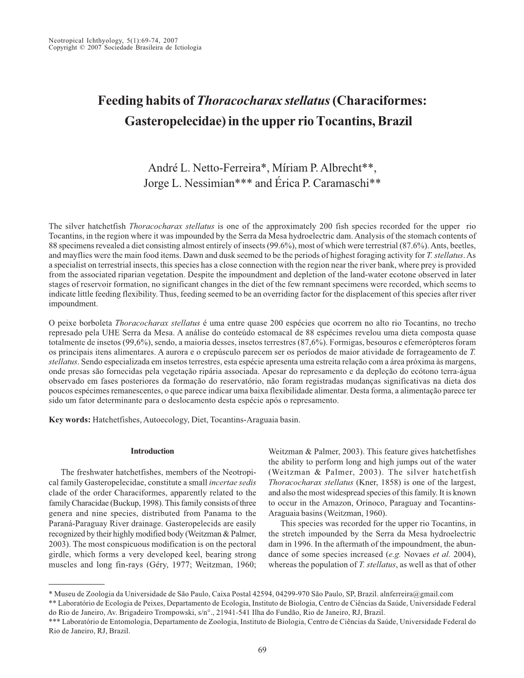 Feeding Habits of Thoracocharax Stellatus (Characiformes: Gasteropelecidae) in the Upper Rio Tocantins, Brazil