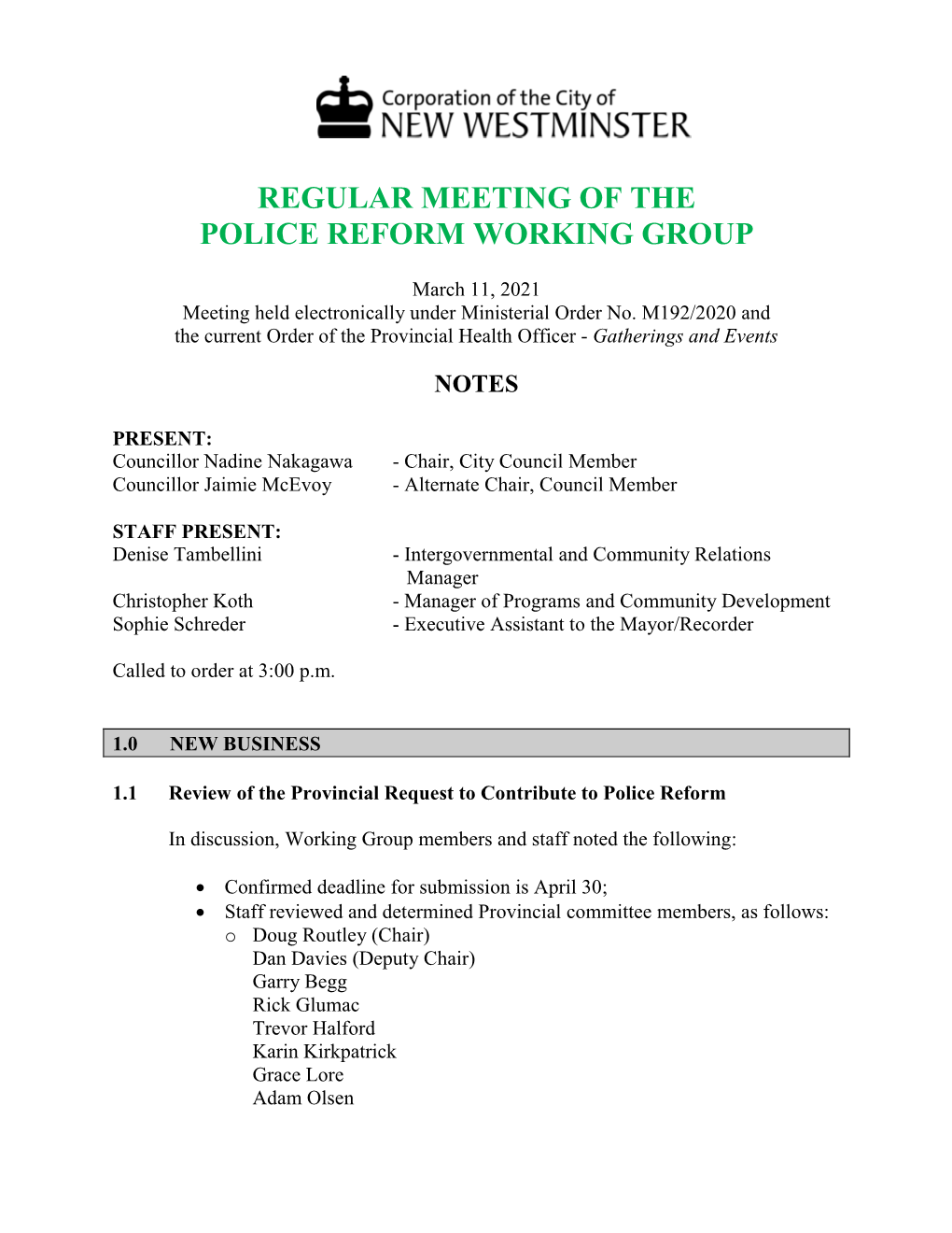 Regular Meeting of the Police Reform Working Group