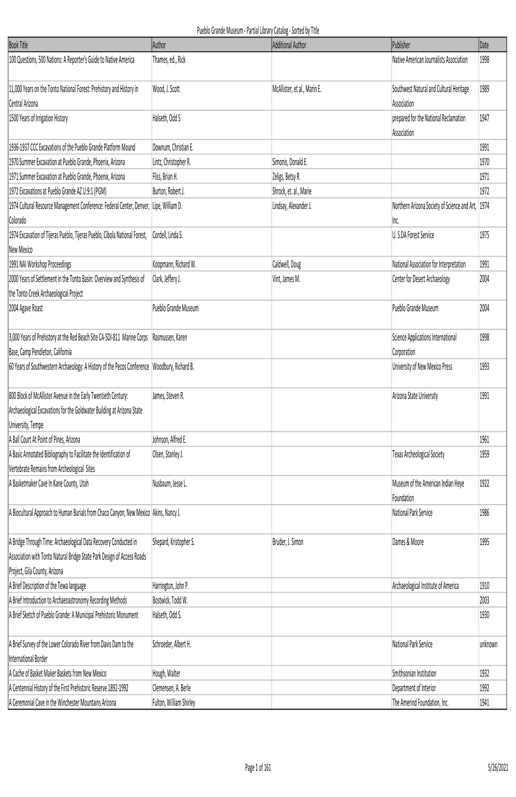 Pueblo Grande Museum ‐ Partial Library Catalog