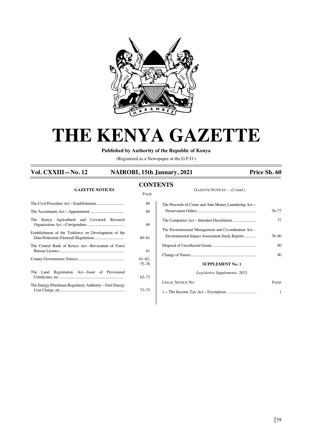 THE KENYA GAZETTE Published by Authority of the Republic of Kenya (Registered As a Newspaper at the G.P.O.)