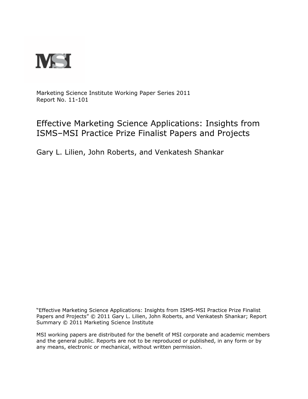 Effective Marketing Science Applications: Insights from ISMS–MSI Practice Prize Finalist Papers and Projects