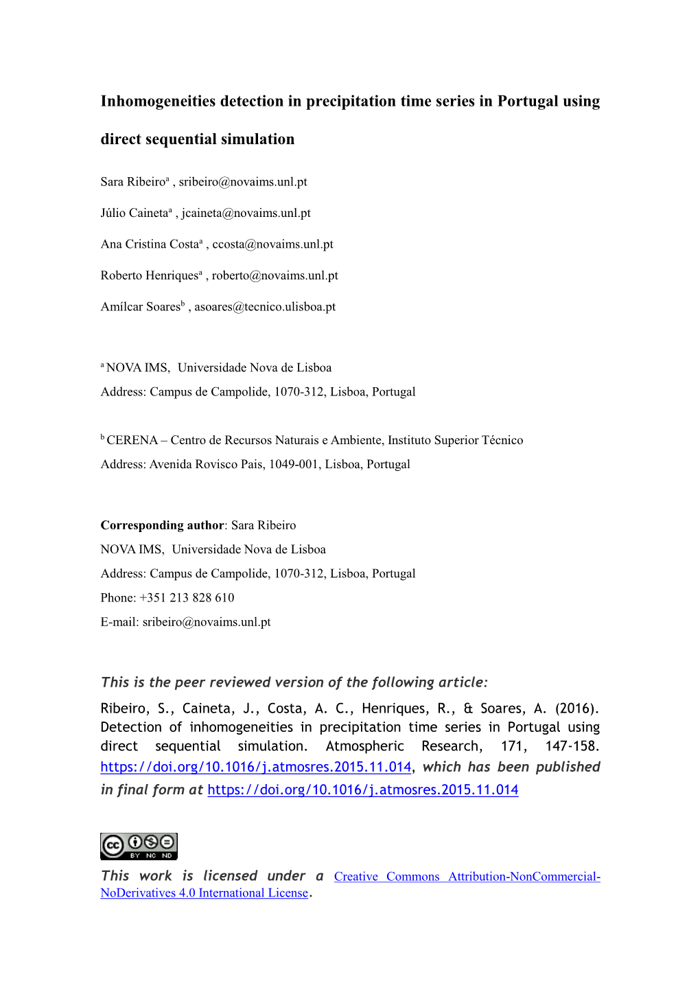 Inhomogeneities Detection in Precipitation Time Series in Portugal Using Direct Sequential Simulation