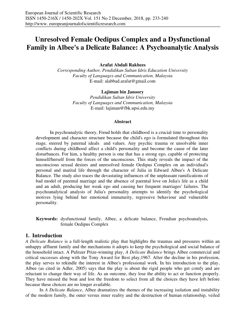 Unresolved Female Oedipus Complex and a Dysfunctional Family in Albee's a Delicate Balance: a Psychoanalytic Analysis