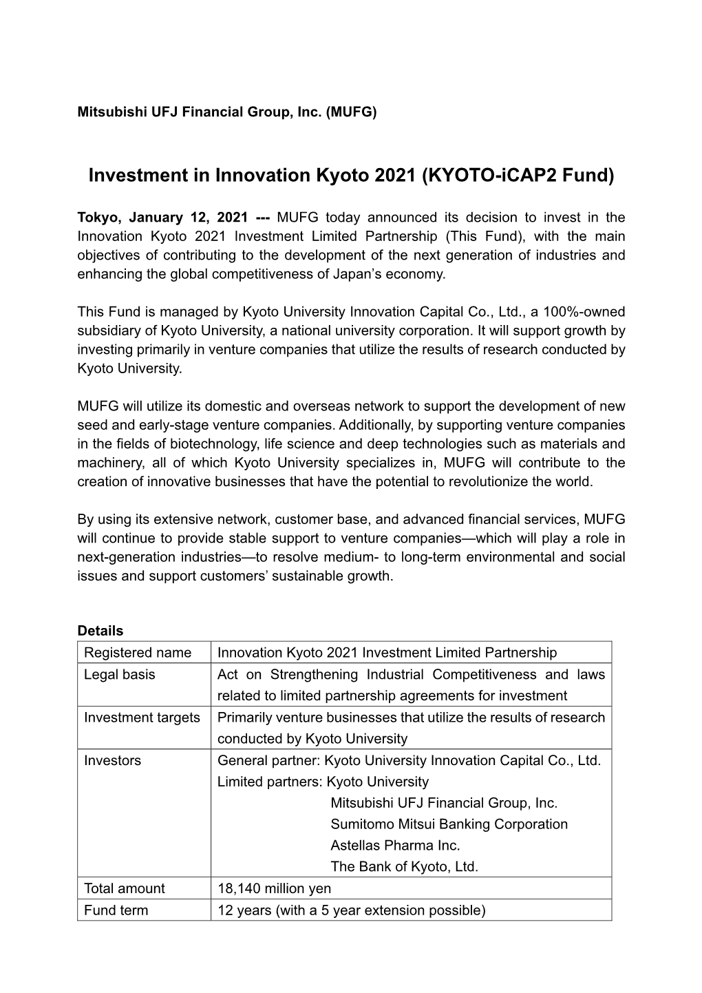 Investment in Innovation Kyoto 2021 (KYOTO-Icap2 Fund)