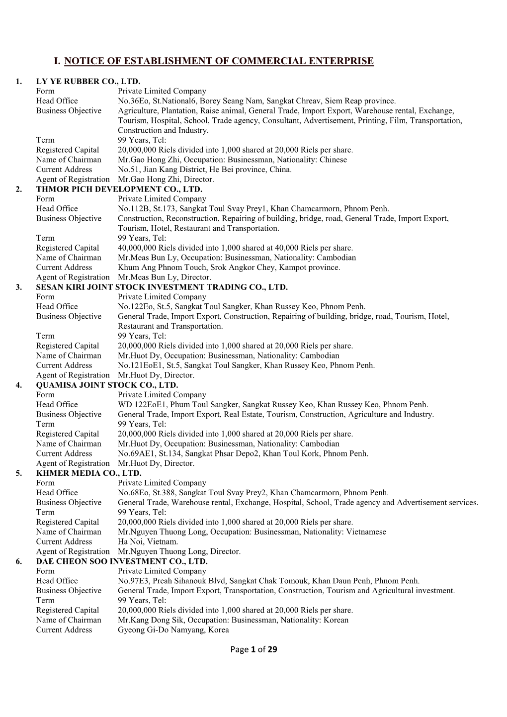 I. Notice of Establishment of Commercial Enterprise