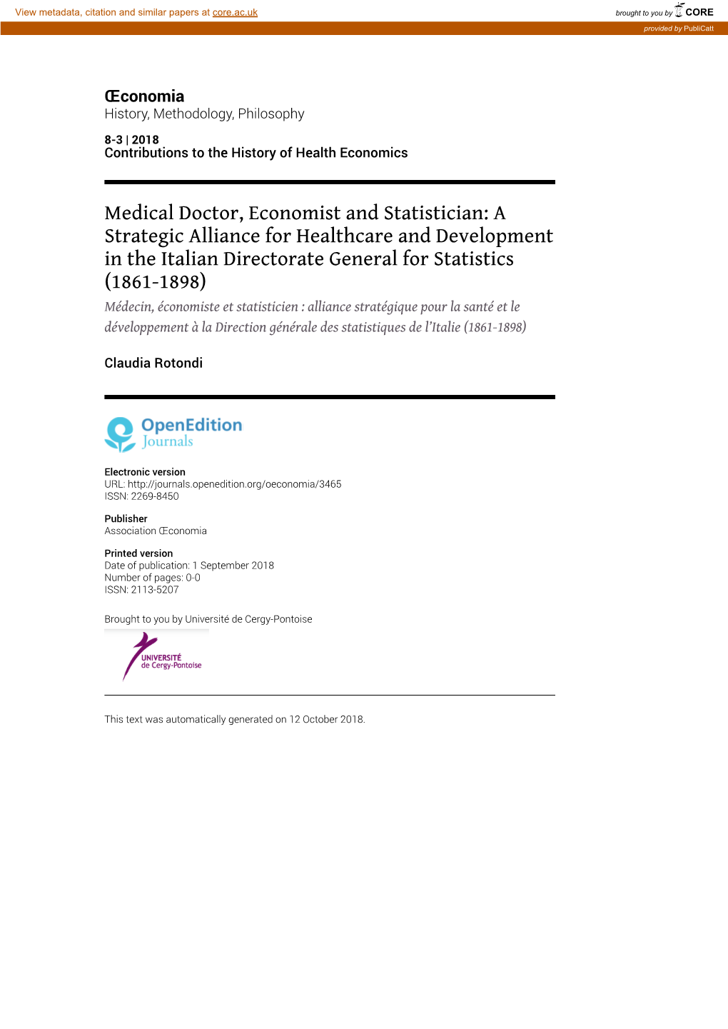 Œconomia, 8-3 | 2018 Medical Doctor, Economist and Statistician: a Strategic Alliance for Healthca