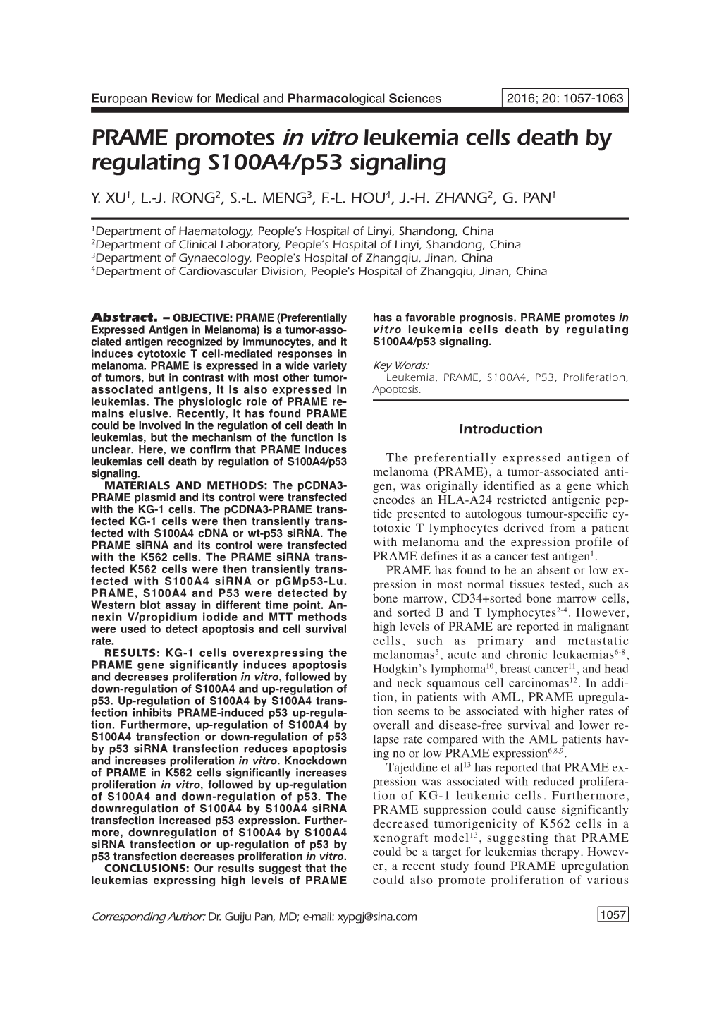 PRAME Promotes in Vitro Leukemia Cells Death by Regulating S100A4/P53 Signaling