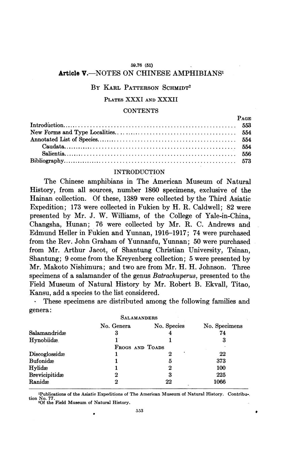 The Chinese Amphibians in the American Museum of Natural History, from All Sources, Number 1860 Specimens, Exclusive of the Hainan Collection