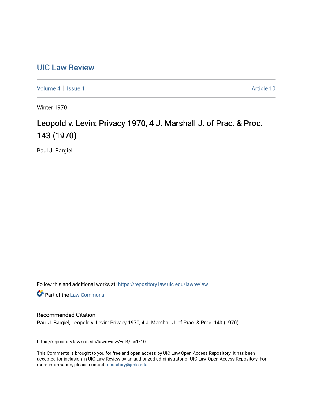 Leopold V. Levin: Privacy 1970, 4 J