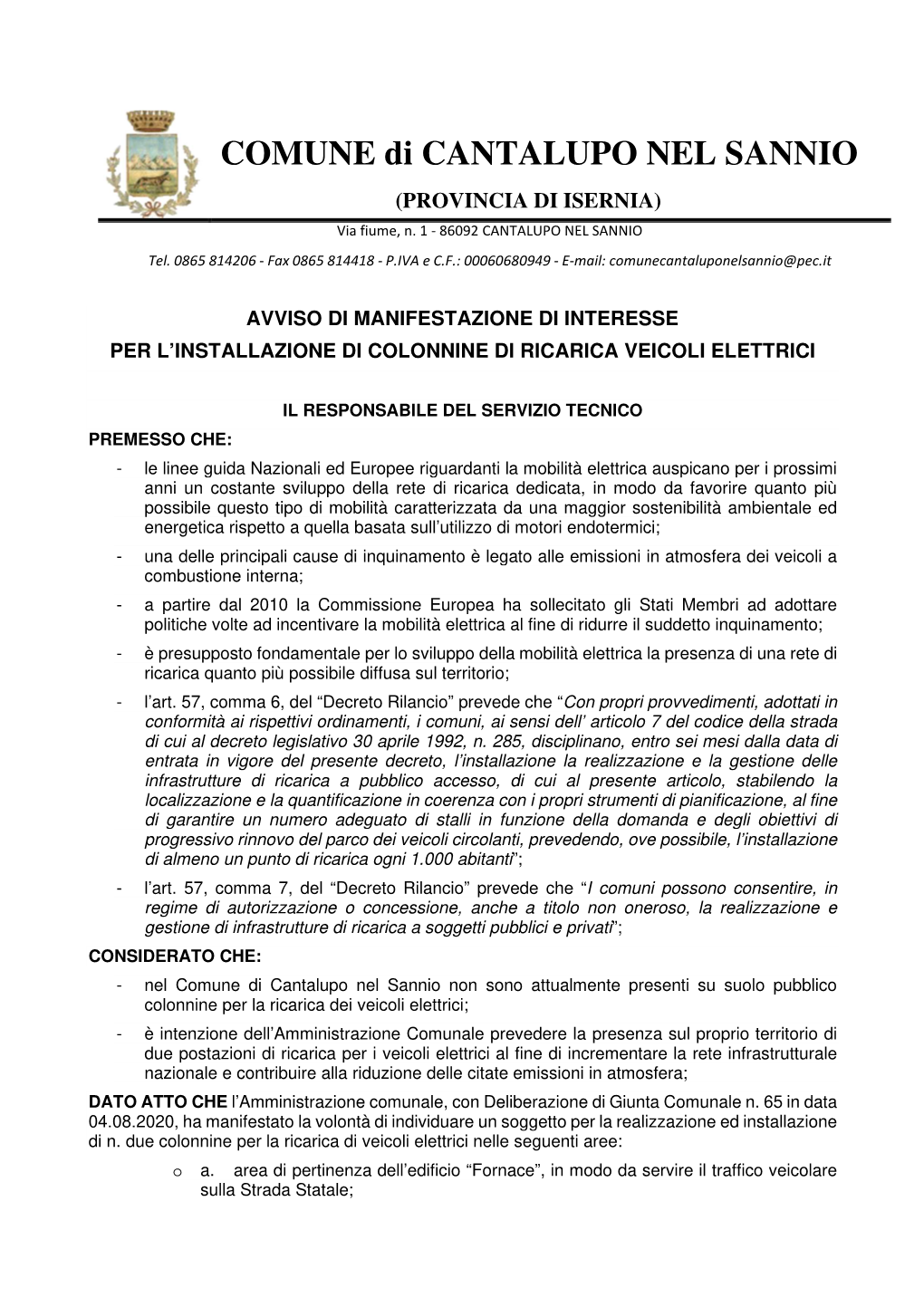 Manifestazione Di Interesse Per L’Installazione Di Colonnine Di Ricarica Veicoli Elettrici