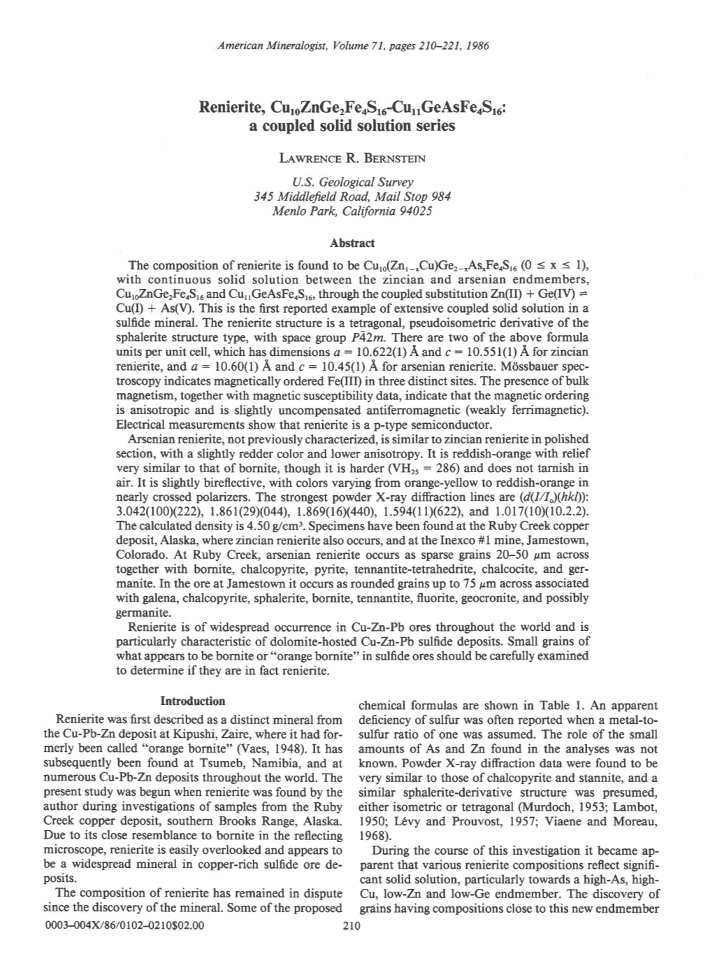 Renierite, Curozngerfeosru-Currgeasfeosr6: a Coupledsolid Solution Series