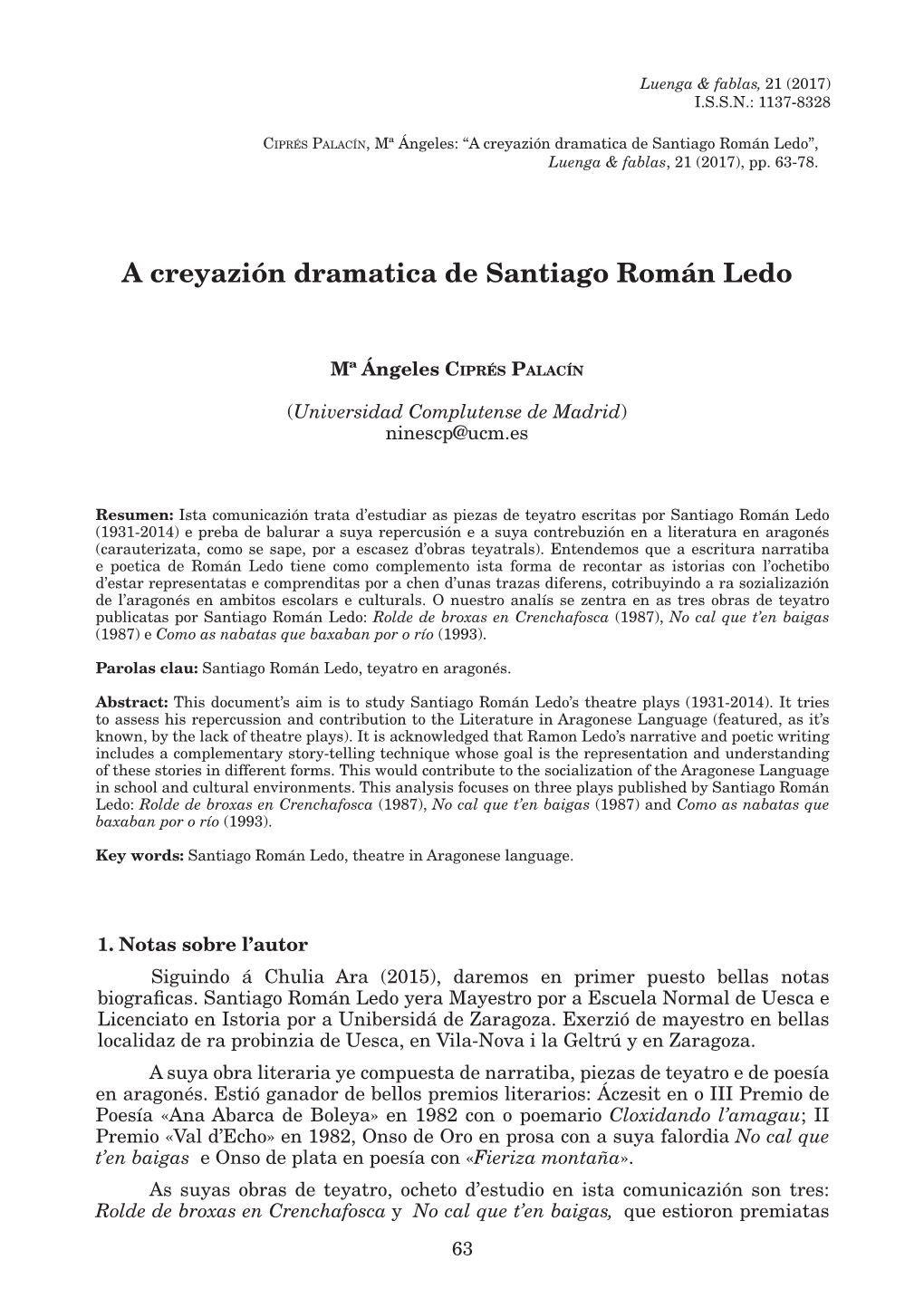 A Creyazión Dramatica De Santiago Román Ledo”, Luenga & Fablas, 21 (2017), Pp