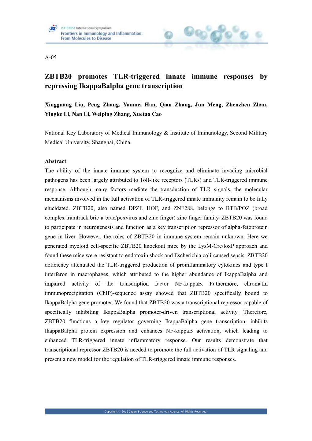 ZBTB20 Promotes TLR-Triggered Innate Immune Responses by Repressing Ikappabalpha Gene Transcription