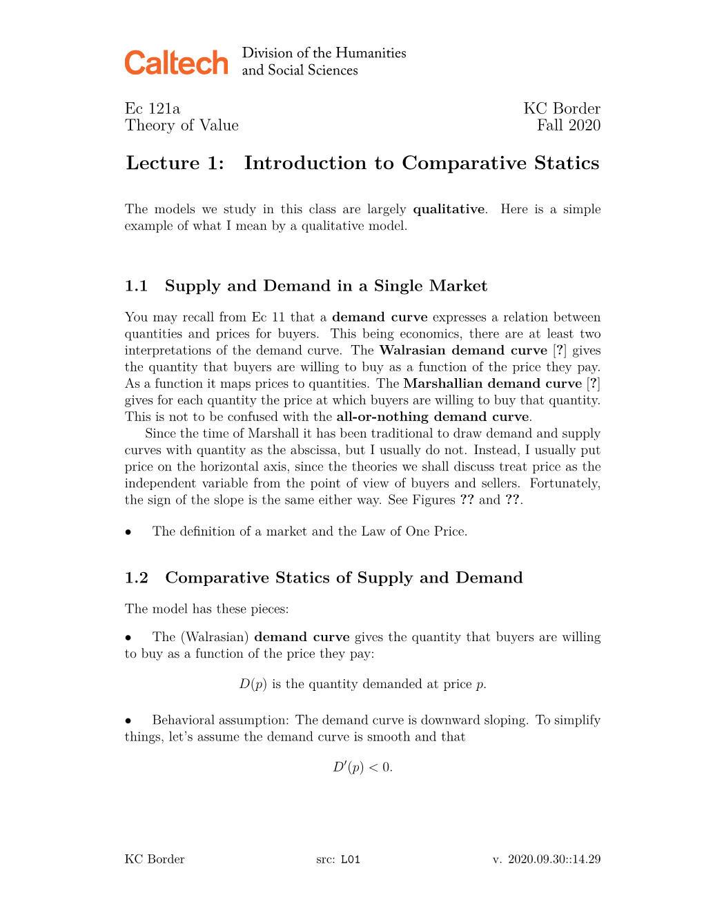 Lecture 1: Introduction to Comparative Statics