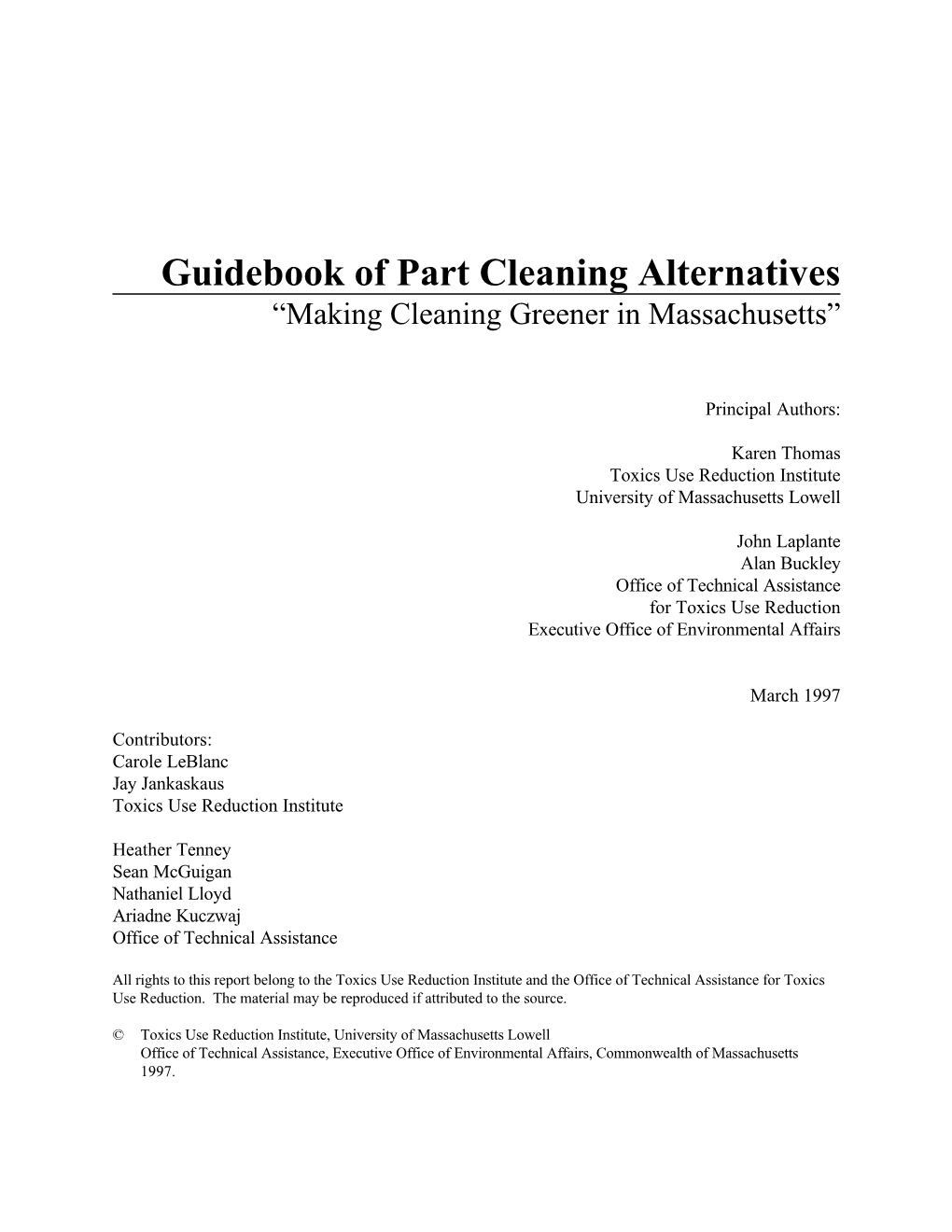 Guidebook of Part Cleaning Alternatives “Making Cleaning Greener in Massachusetts”