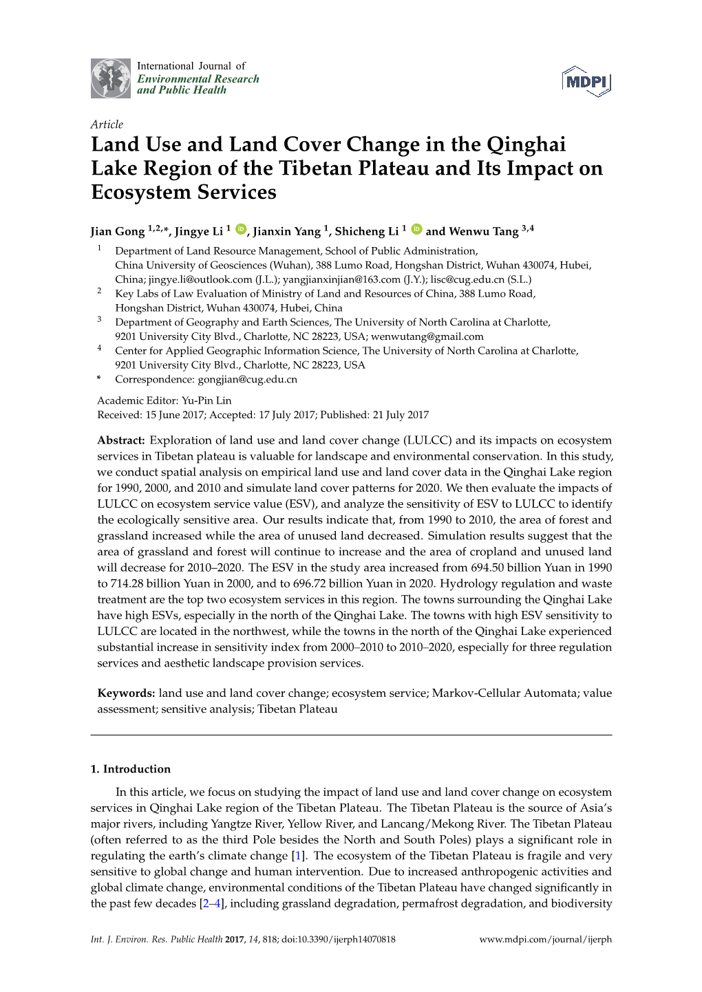 Land Use and Land Cover Change in the Qinghai Lake Region of the Tibetan Plateau and Its Impact on Ecosystem Services