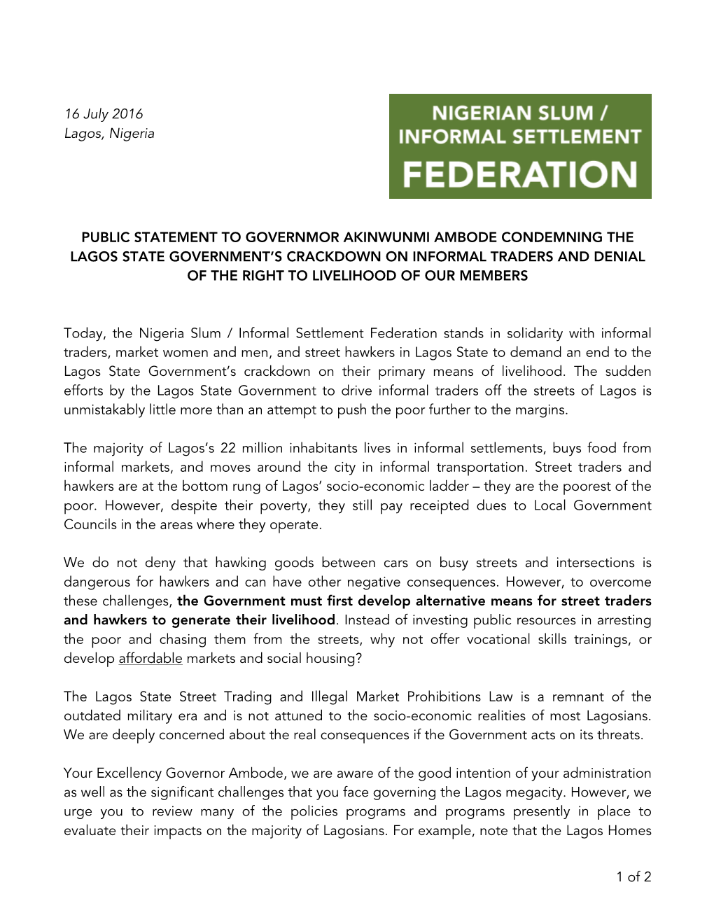 Nigerian Slum / Informal Settlement Federation Condemns Crackdown