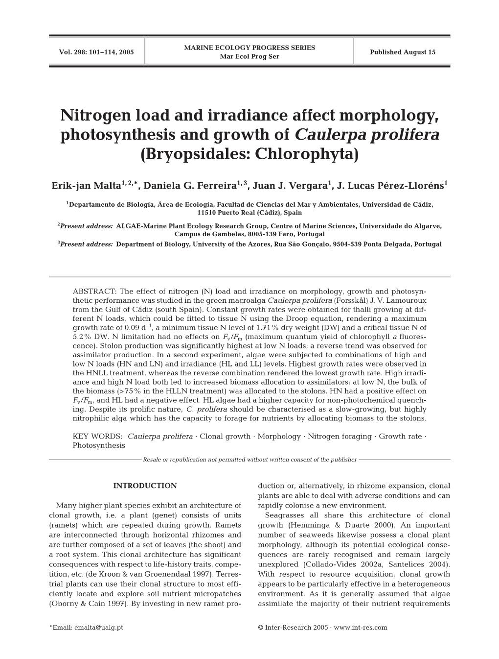 Nitrogen Load and Irradiance Affect Morphology, Photosynthesis and Growth of Caulerpa Prolifera (Bryopsidales: Chlorophyta)