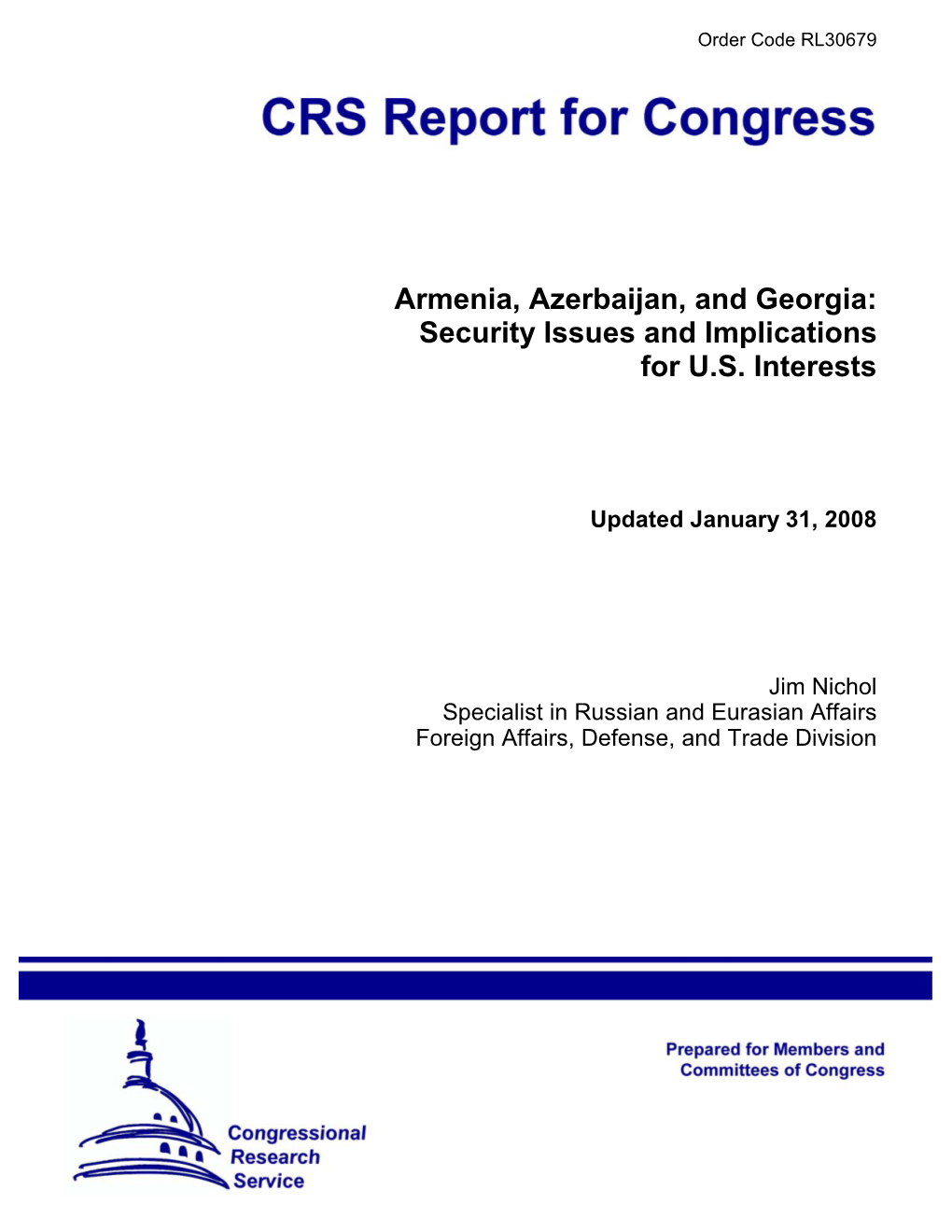 Armenia, Azerbaijan, and Georgia: Security Issues and Implications for U.S