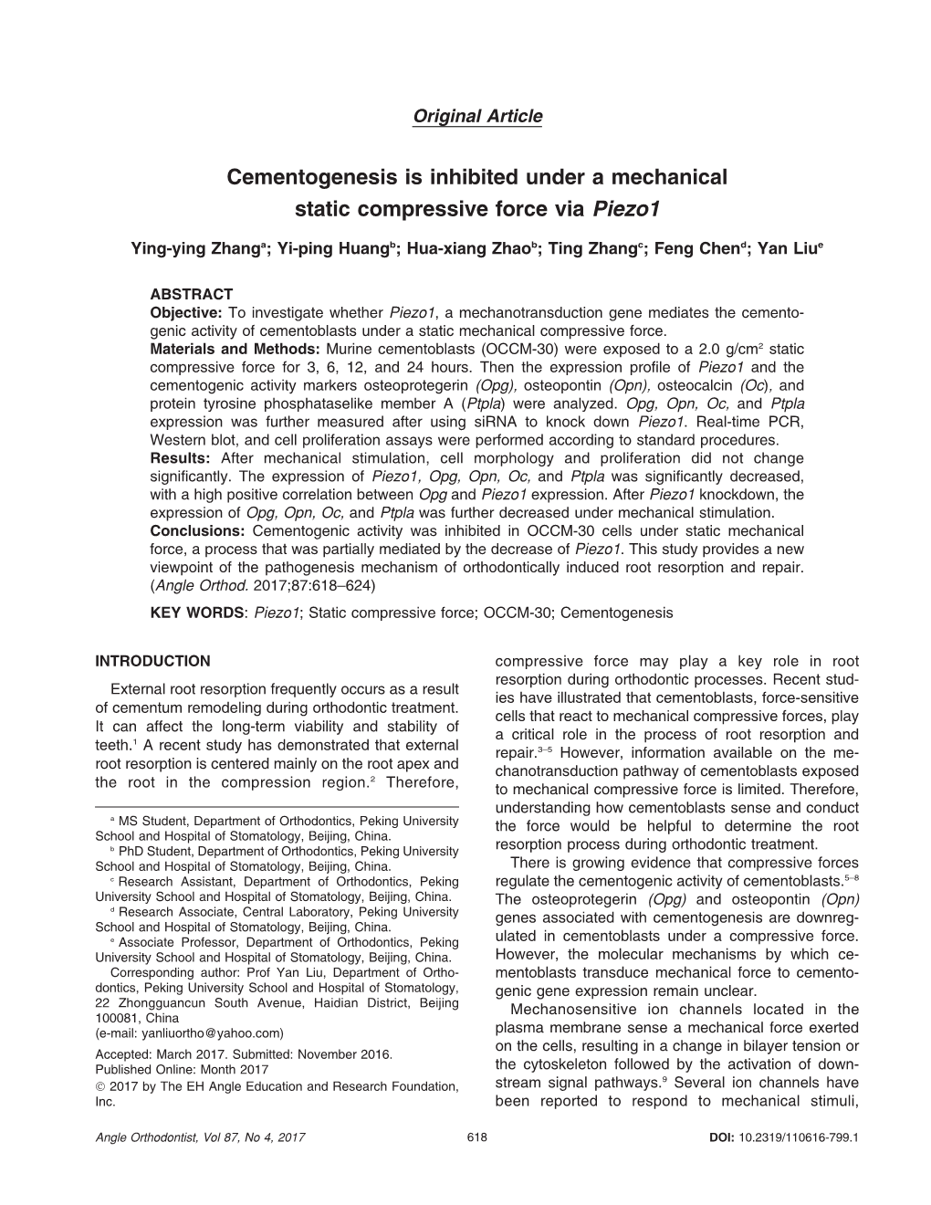 Cementogenesis Is Inhibited Under a Mechanical Static Compressive Force Via Piezo1